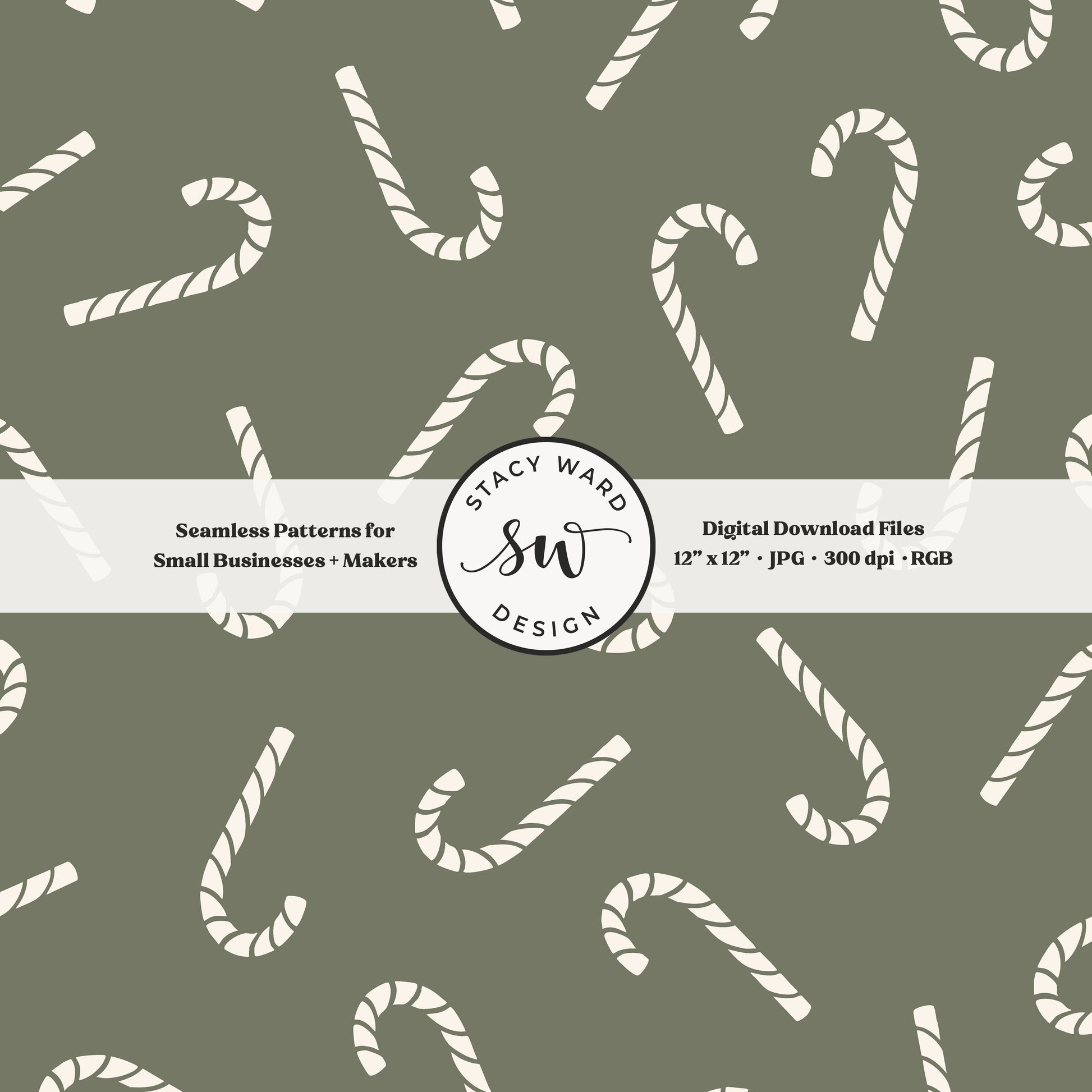 Scandinavian style candy canes seamless pattern in cream on camouflage green for a whimsical, tossed allover winter print