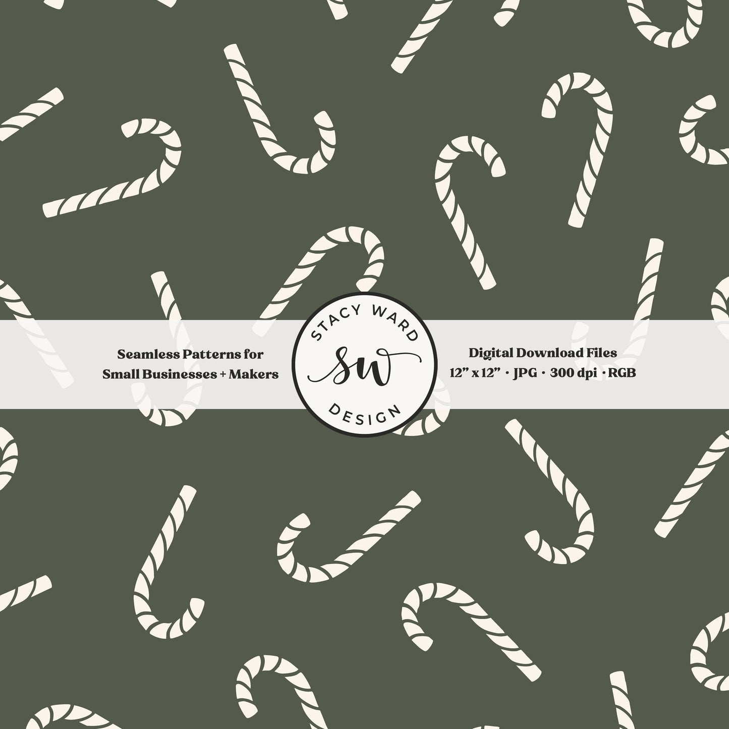 Scandinavian style candy canes seamless pattern in cream on dark green for a whimsical, tossed allover winter print