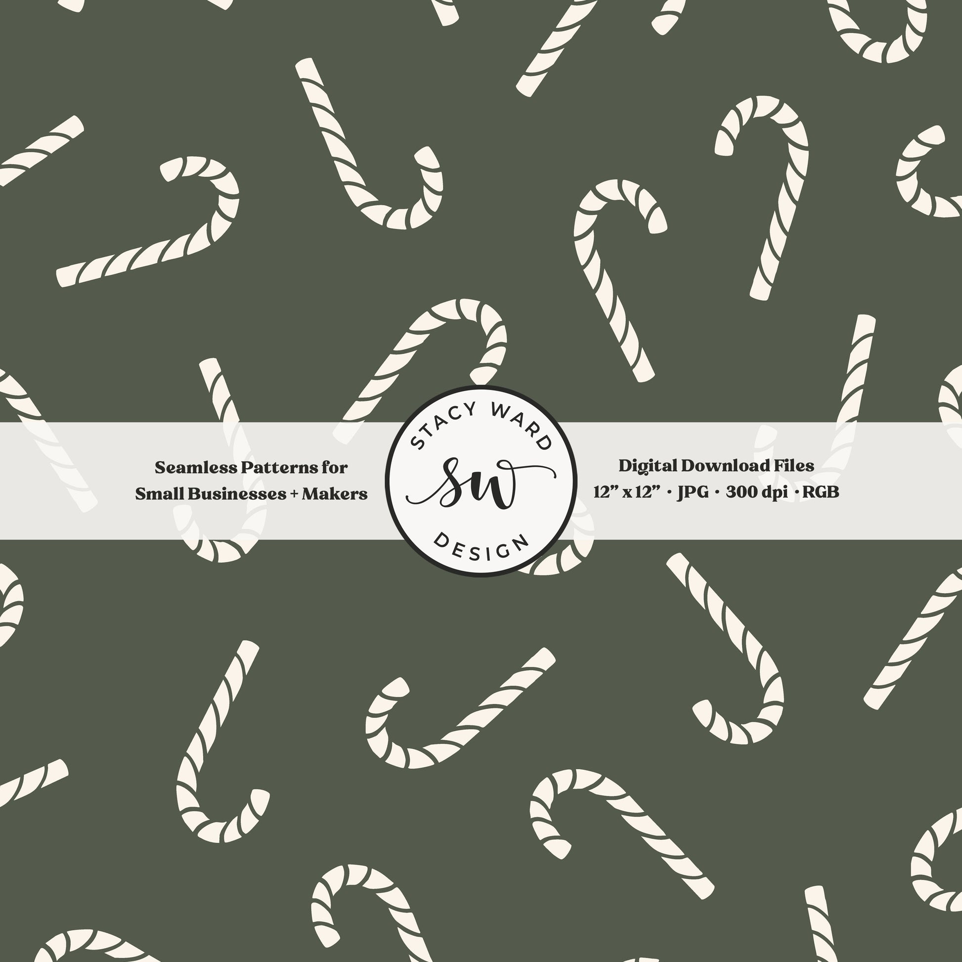 Scandinavian style candy canes seamless pattern in cream on dark green for a whimsical, tossed allover winter print