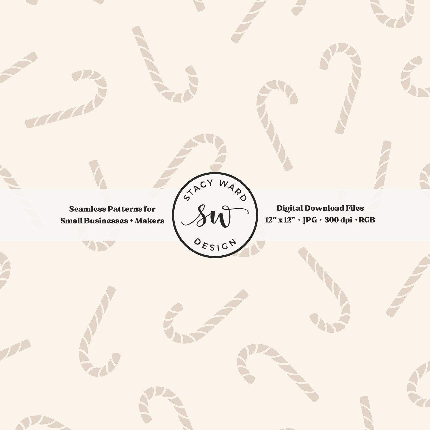 Nordic inspired candy canes seamless pattern in soft brown on cream for a whimsical, tossed allover winter print