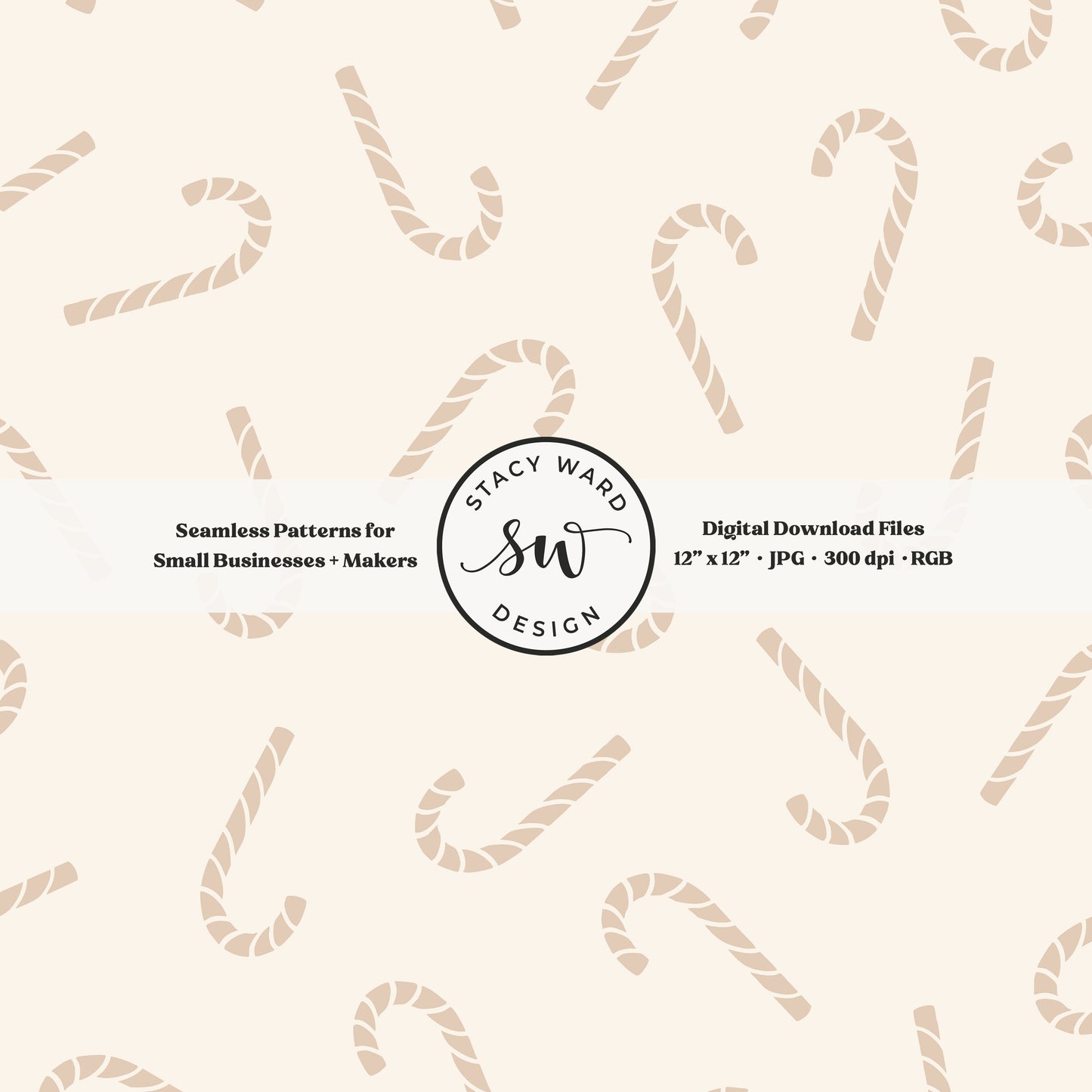 Nordic inspired candy canes seamless pattern in neutral tan on cream for a whimsical, tossed allover winter print