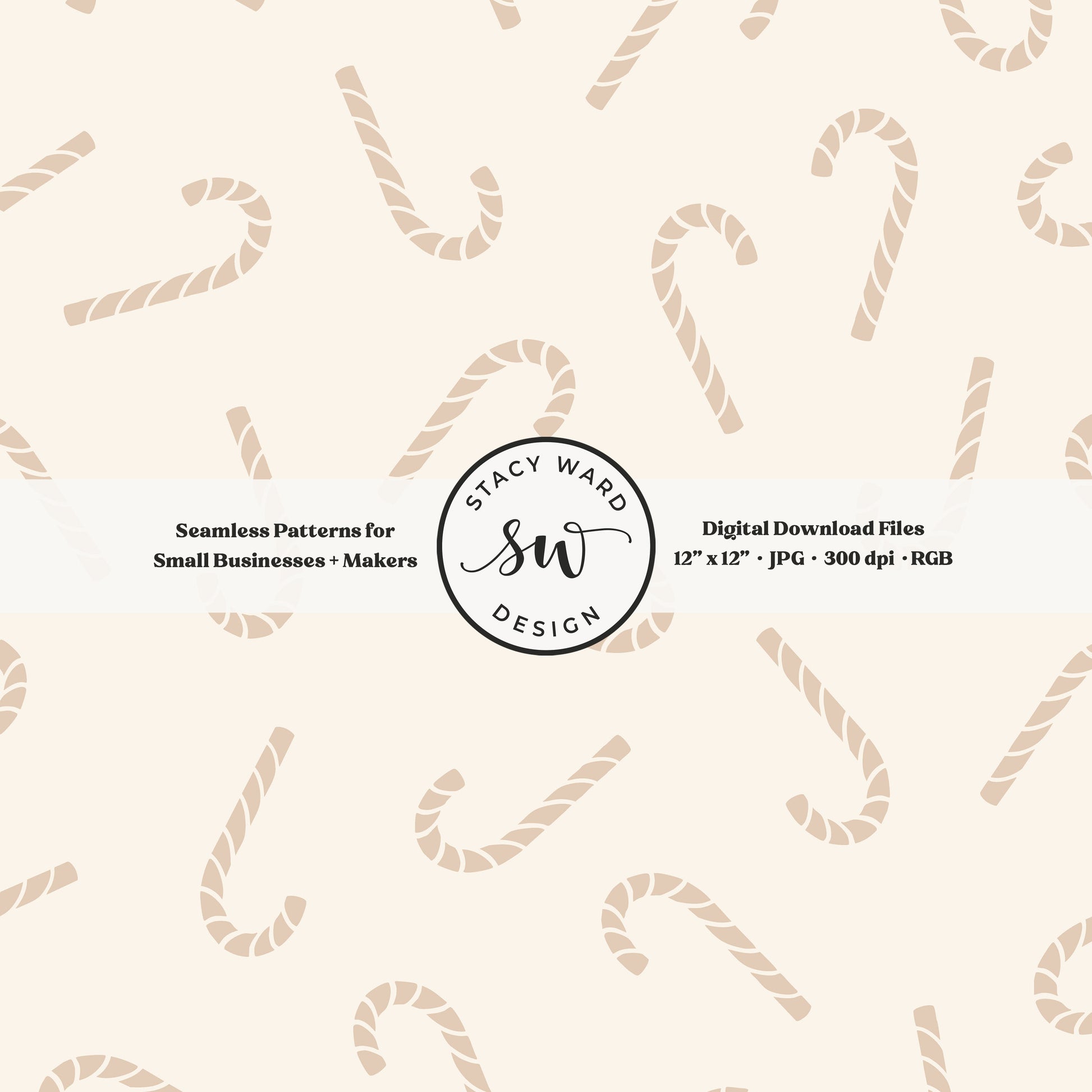 Nordic inspired candy canes seamless pattern in neutral tan on cream for a whimsical, tossed allover winter print