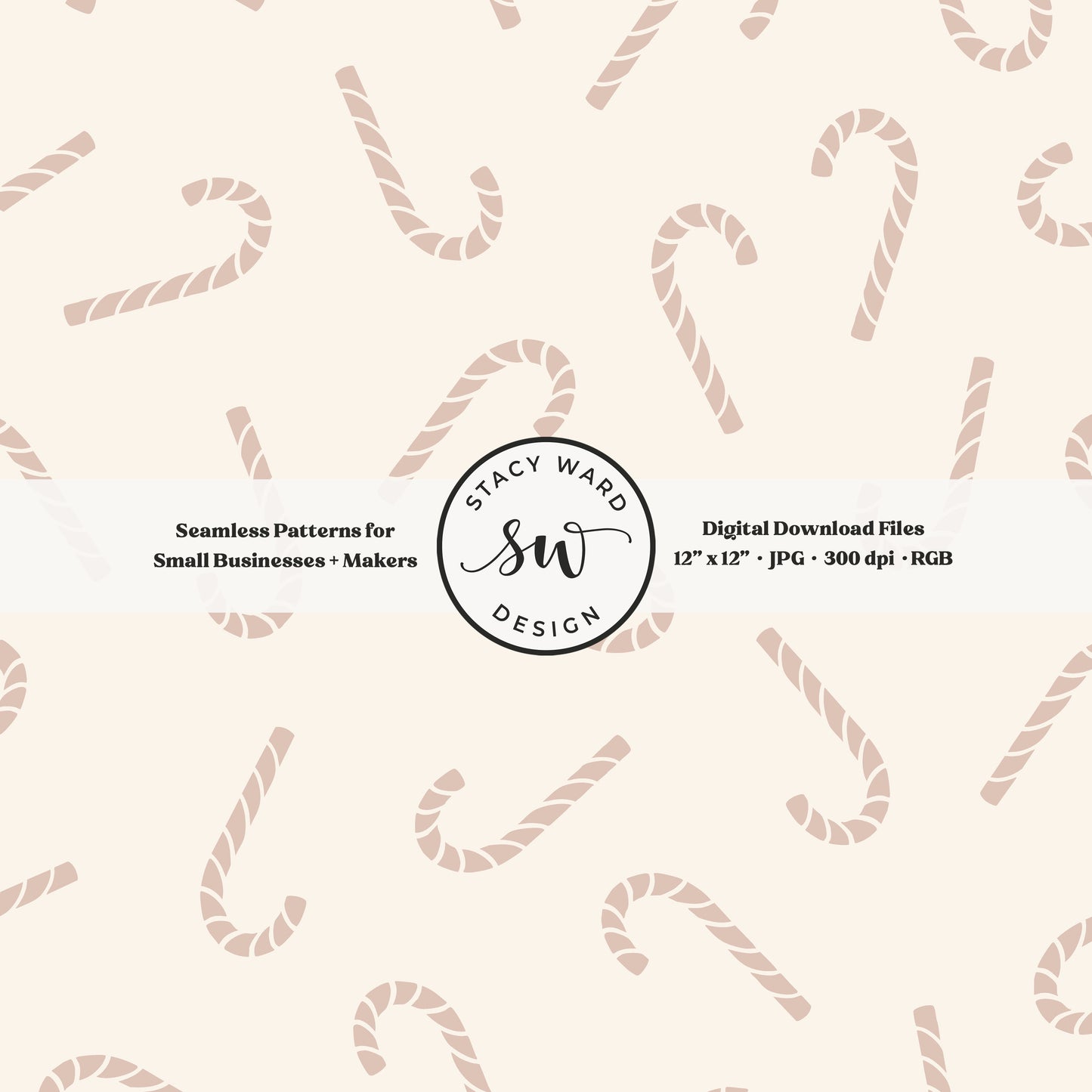 Nordic inspired candy canes seamless pattern in muted dusty rose on cream for a whimsical, tossed allover winter print