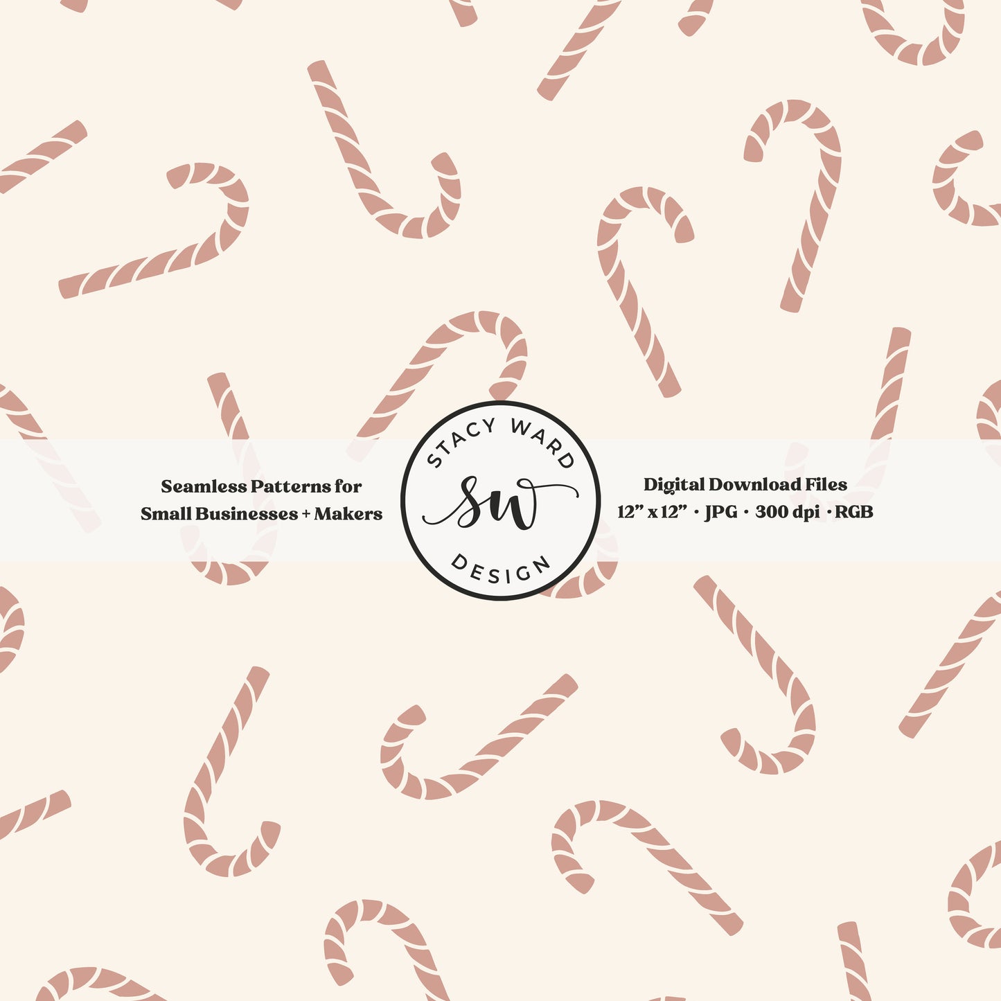 Nordic inspired candy canes seamless pattern in dusky pink on cream for a whimsical, tossed allover winter print