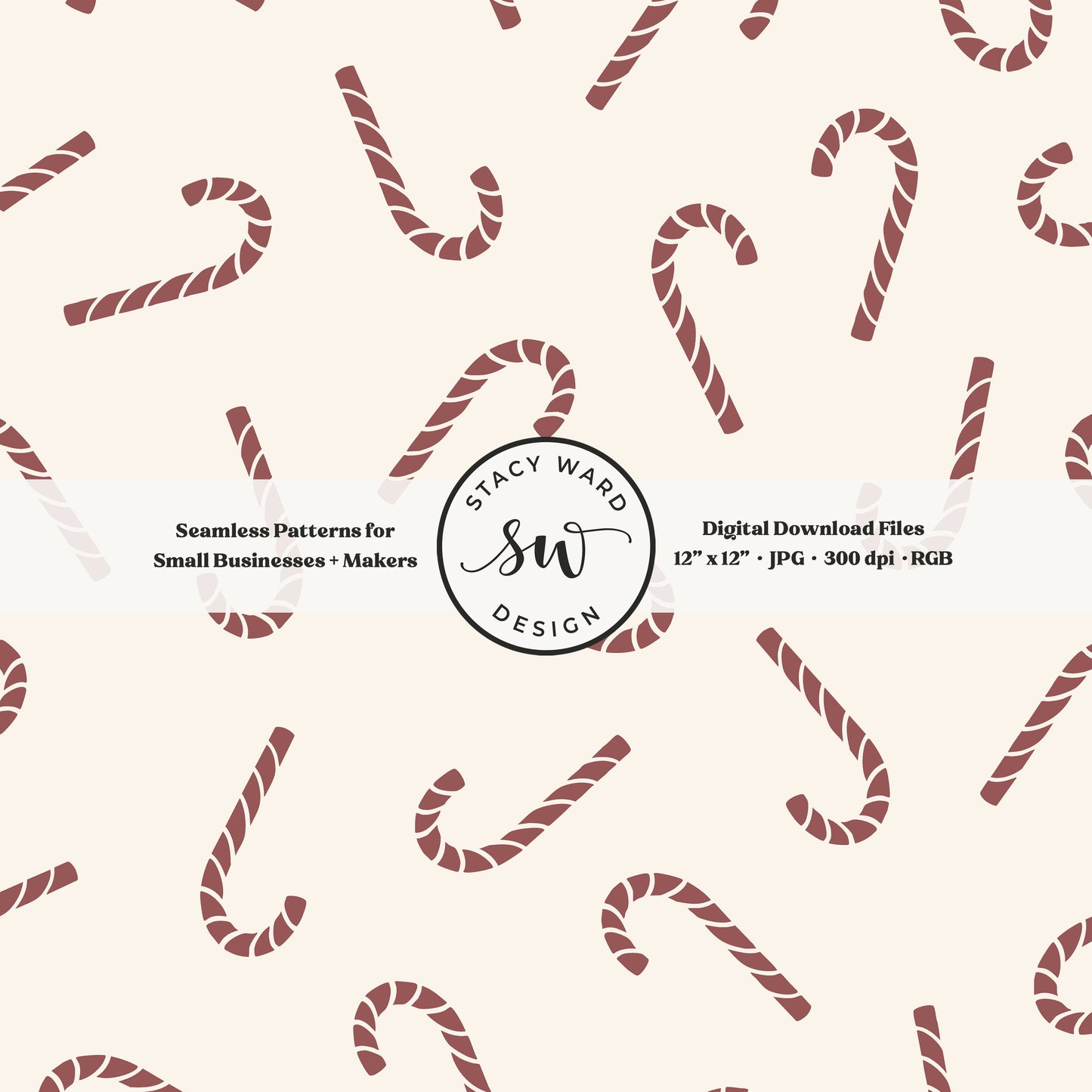 Nordic inspired candy canes seamless pattern in burgundy on cream for a whimsical, tossed allover winter print