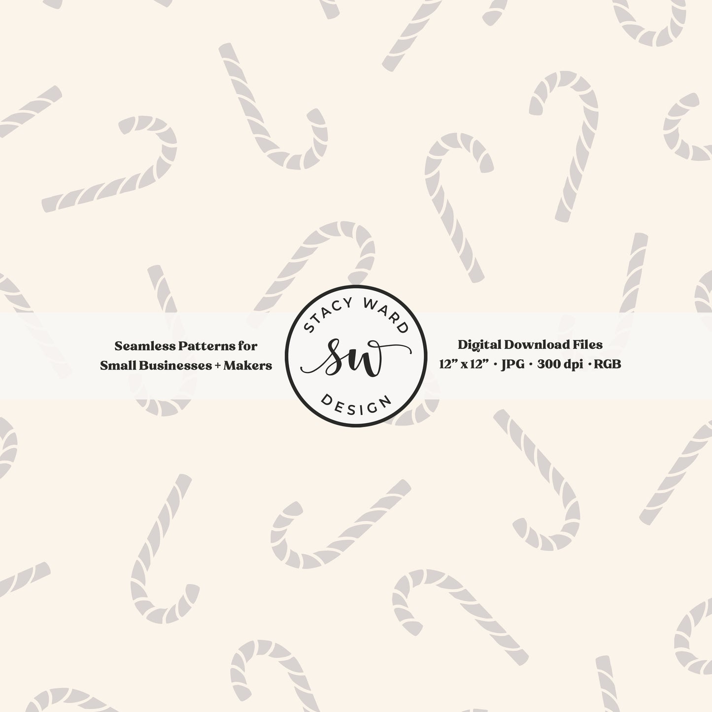 Nordic inspired candy canes seamless pattern in soft gray on cream for a whimsical, tossed allover winter print