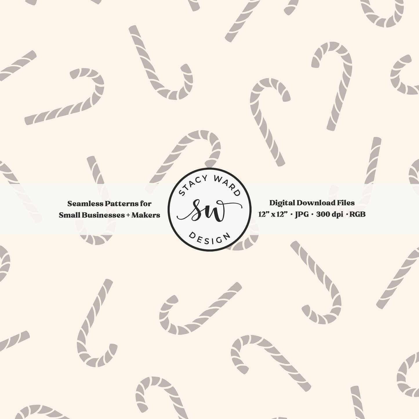 Nordic inspired candy canes seamless pattern in muted taupe on cream for a whimsical, tossed allover winter print