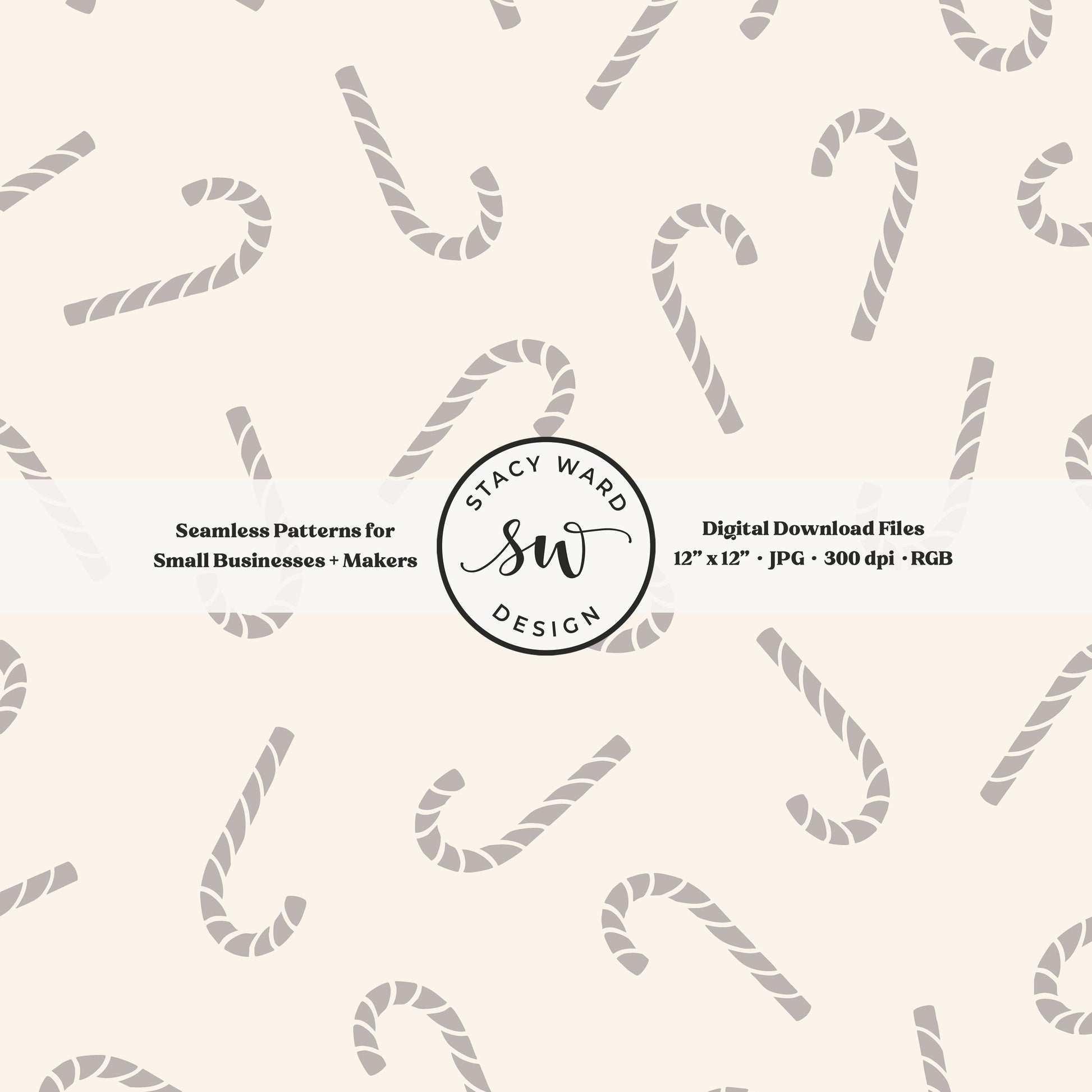 Nordic inspired candy canes seamless pattern in muted taupe on cream for a whimsical, tossed allover winter print