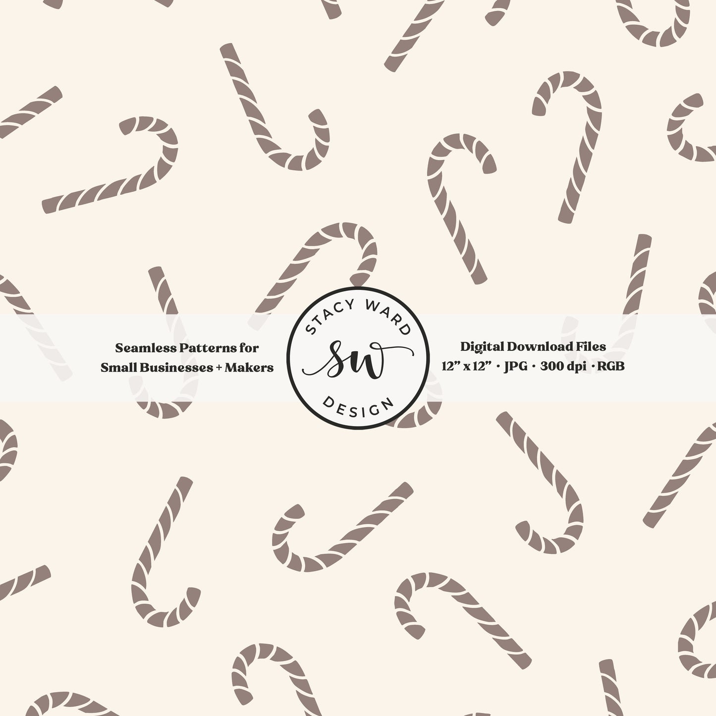 Nordic inspired candy canes seamless pattern in taupe beige on cream for a whimsical, tossed allover winter print