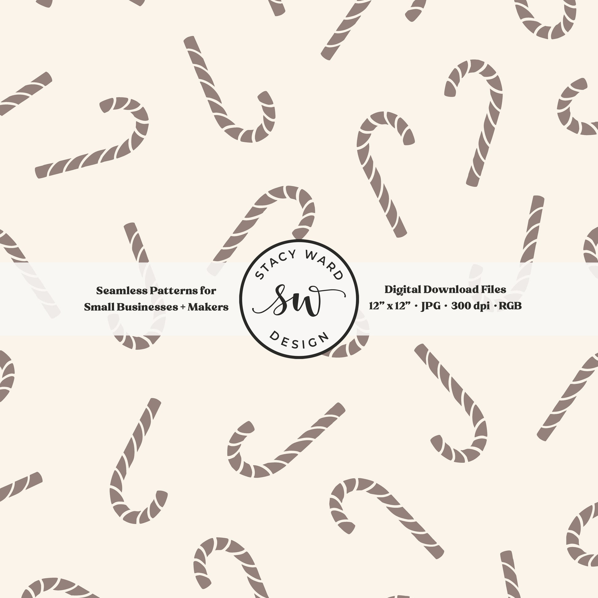 Nordic inspired candy canes seamless pattern in taupe beige on cream for a whimsical, tossed allover winter print