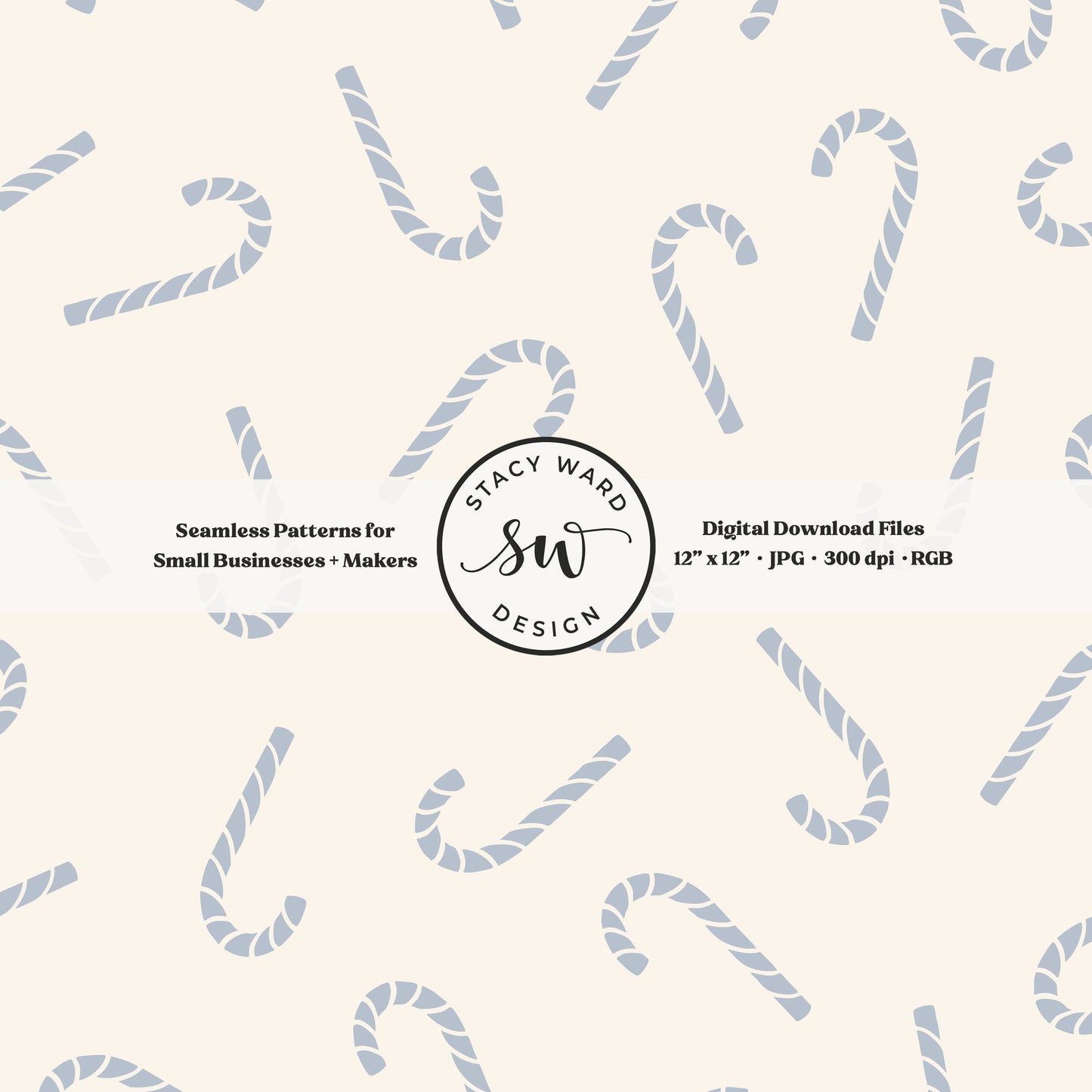 Nordic inspired candy canes seamless pattern in pastel blue on cream for a whimsical, tossed allover winter print