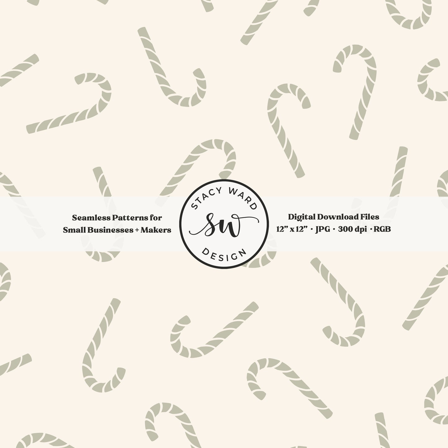 Nordic inspired candy canes seamless pattern in sage green on cream for a whimsical, tossed allover winter print