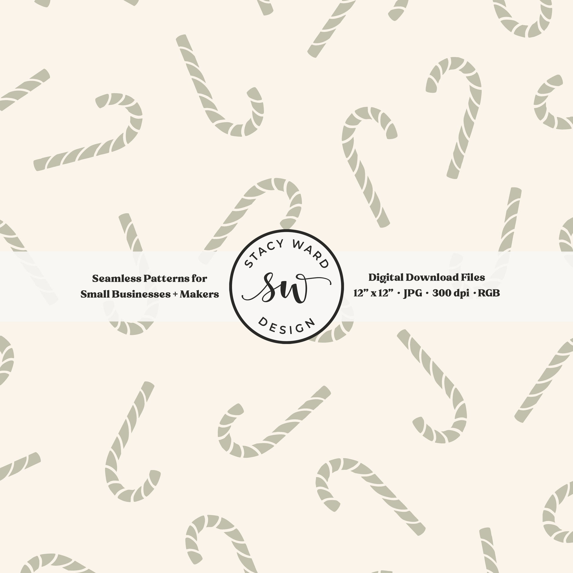 Nordic inspired candy canes seamless pattern in sage green on cream for a whimsical, tossed allover winter print
