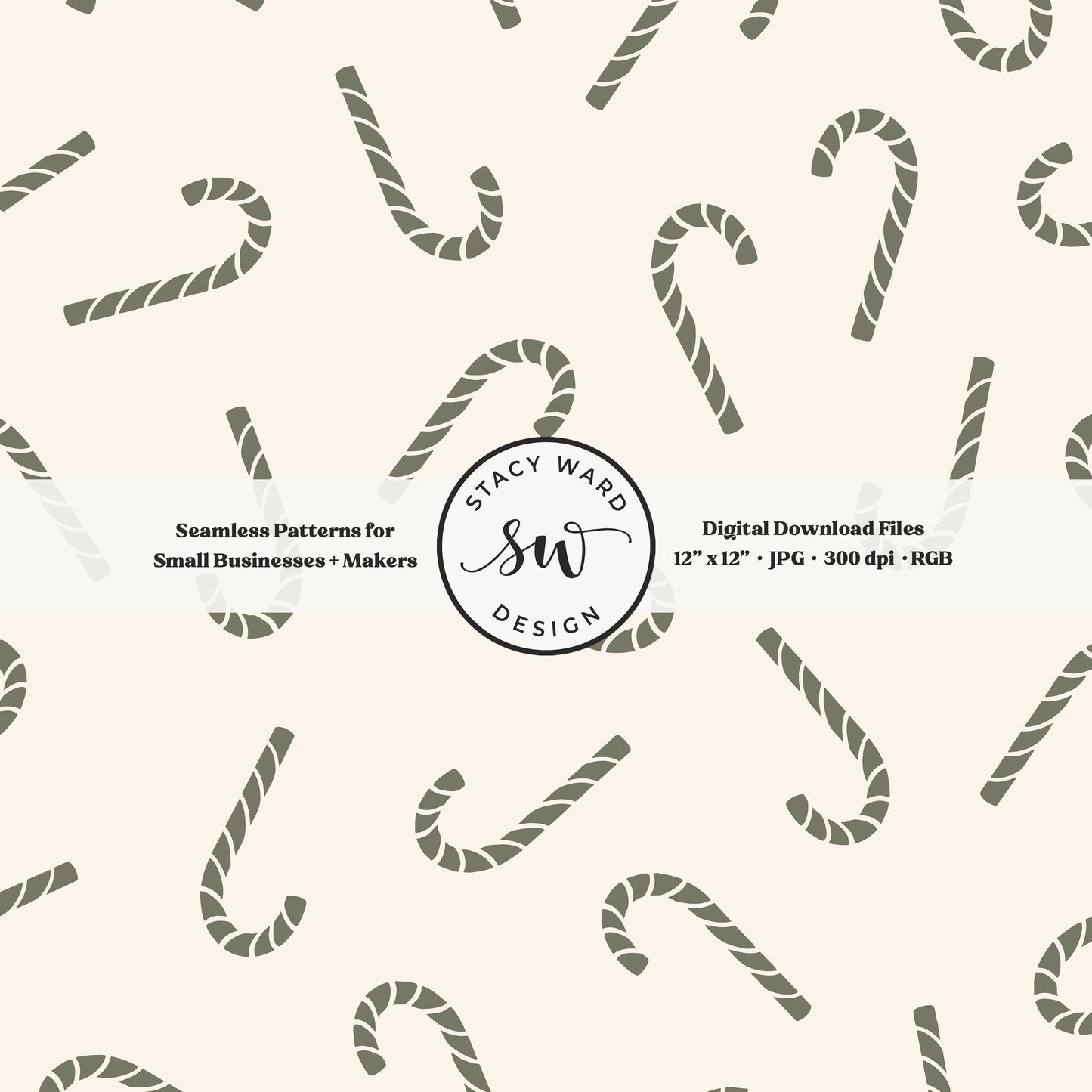 Nordic inspired candy canes seamless pattern in camouflage green on cream for a whimsical, tossed allover winter print