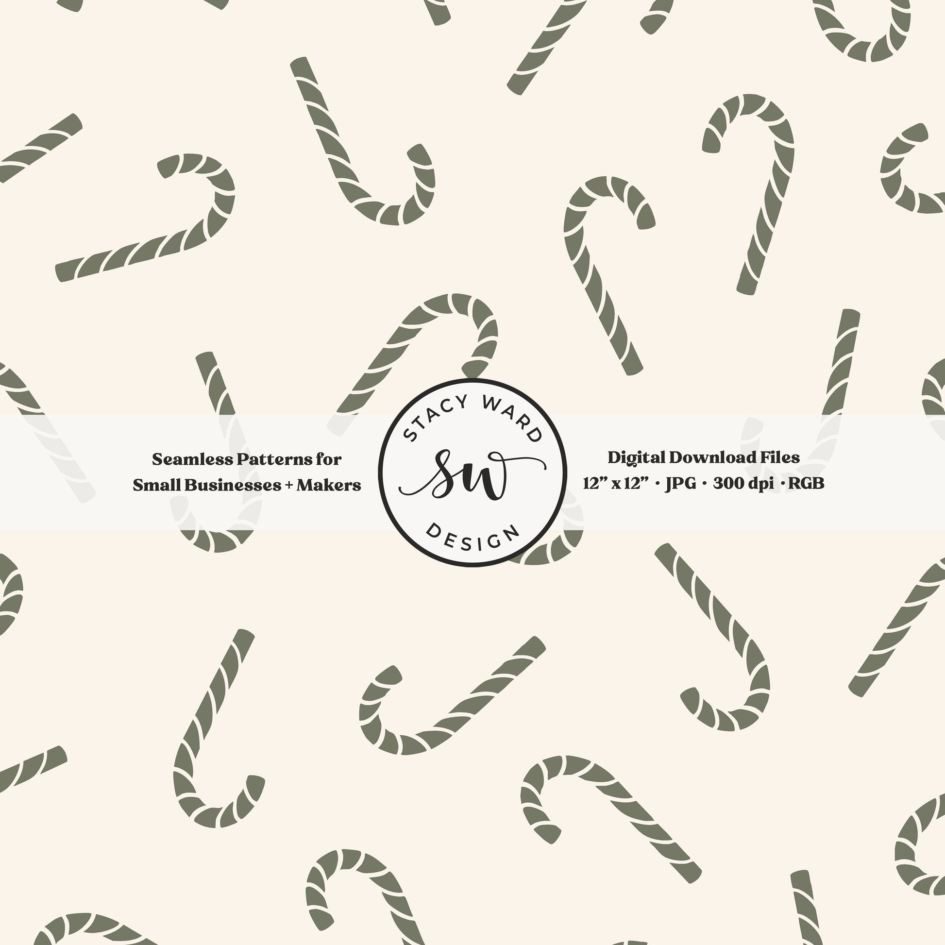 Nordic inspired candy canes seamless pattern in camouflage green on cream for a whimsical, tossed allover winter print