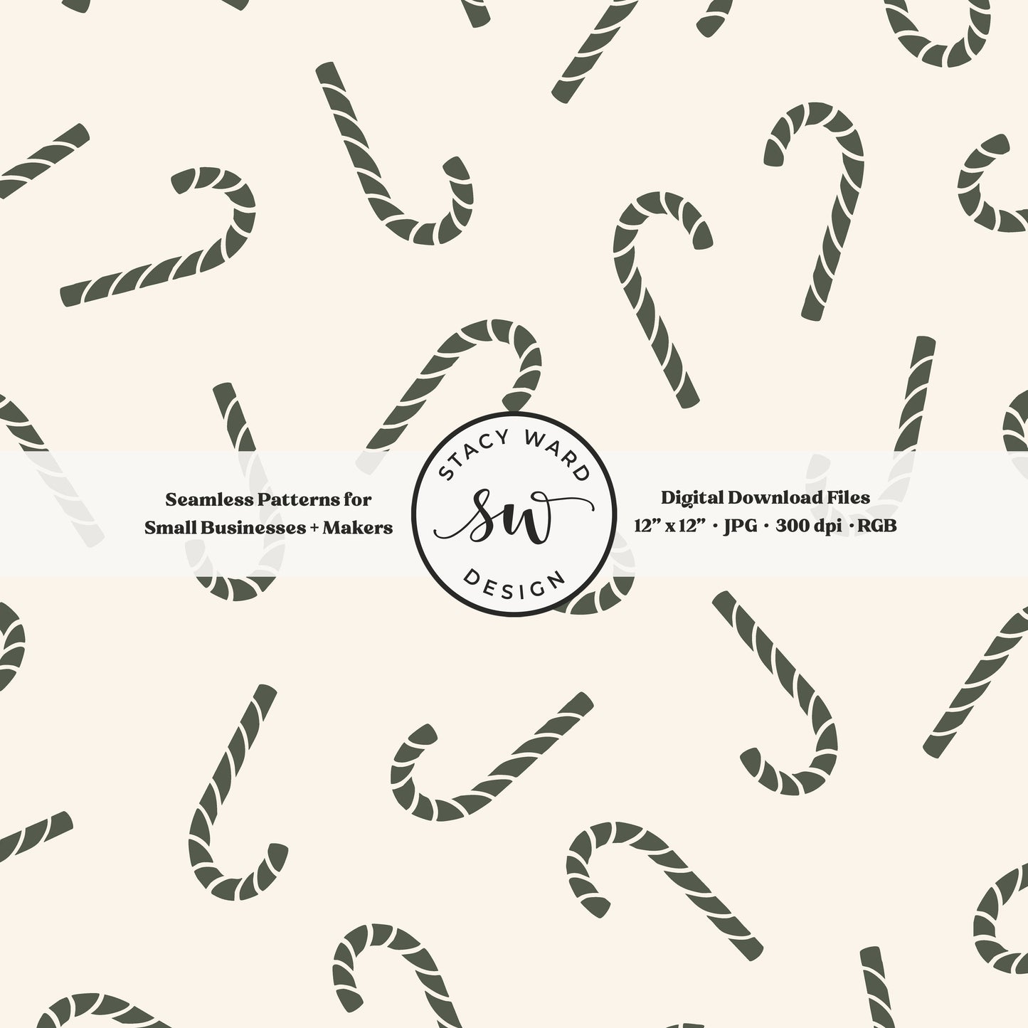 Nordic inspired candy canes seamless pattern in dark green on cream for a whimsical, tossed allover winter print