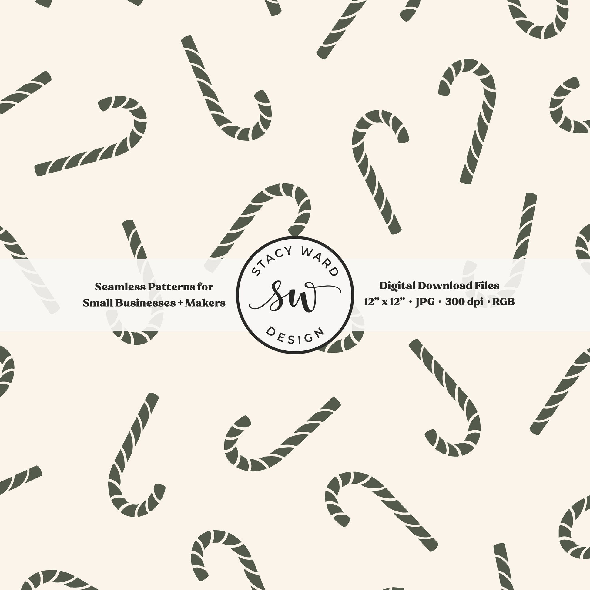 Nordic inspired candy canes seamless pattern in dark green on cream for a whimsical, tossed allover winter print