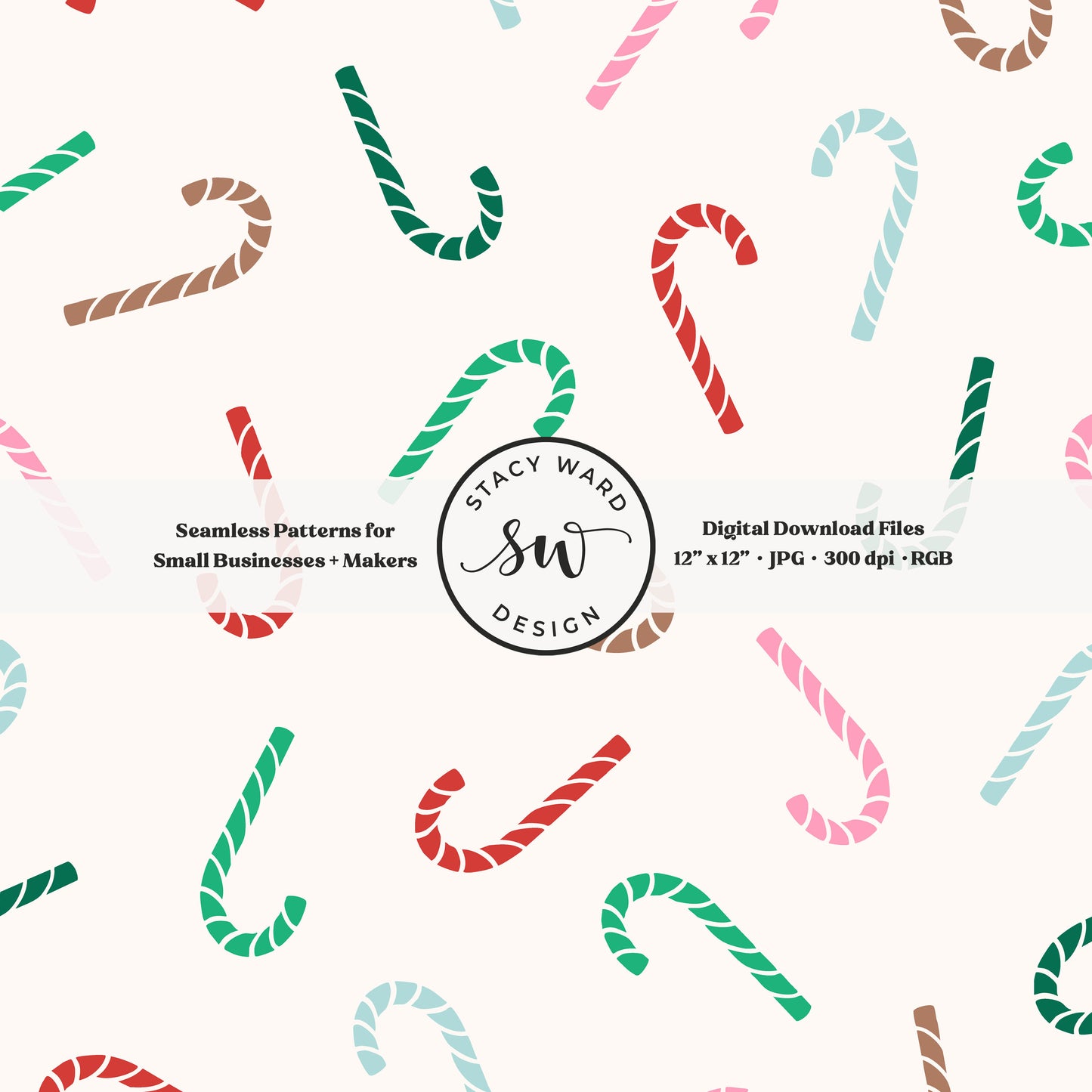 Festive candy canes seamless pattern in retro bright colors on cream for a whimsical, tossed allover winter print