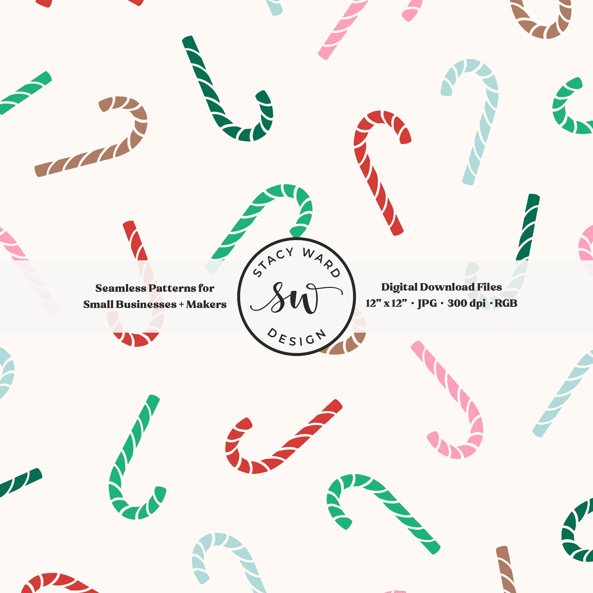 Festive candy canes seamless pattern in retro bright colors on cream for a whimsical, tossed allover winter print