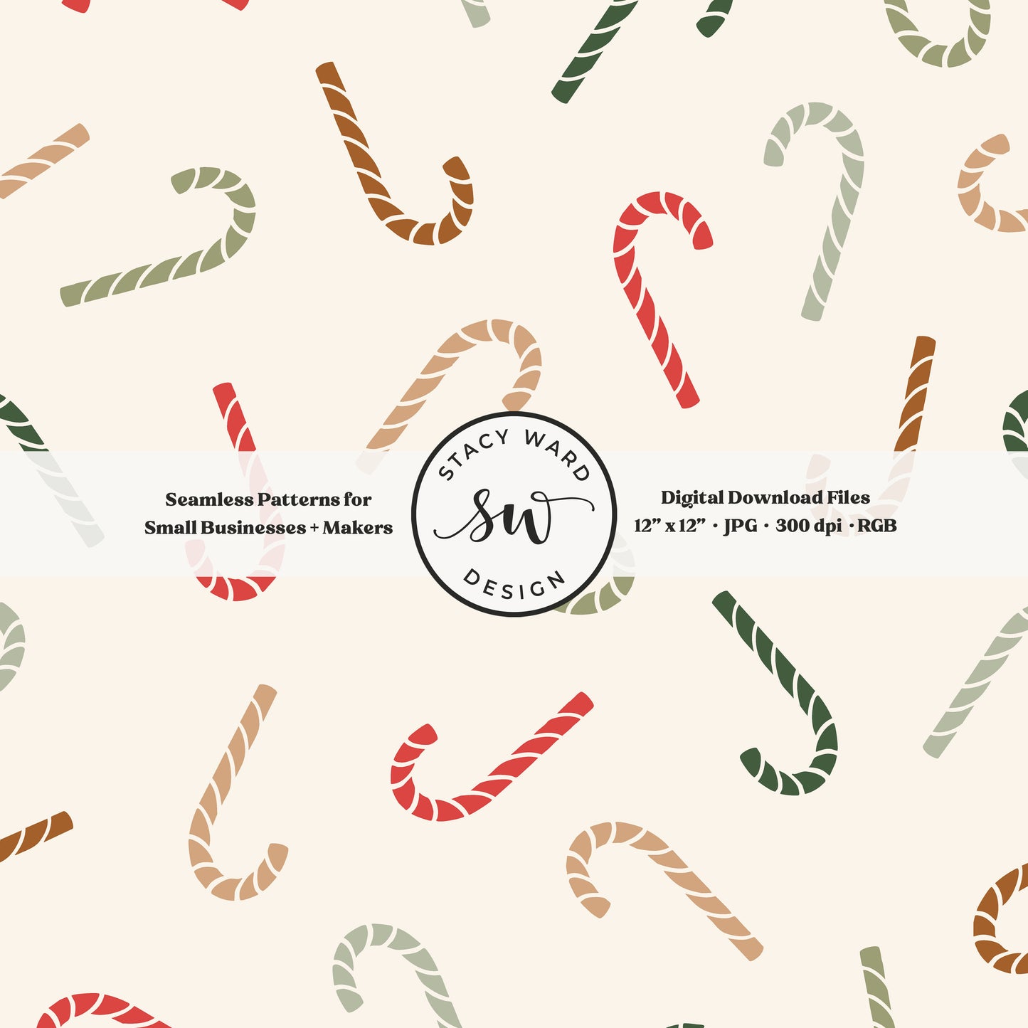 Festive candy canes seamless pattern in classic colors on cream for a whimsical, tossed allover winter print