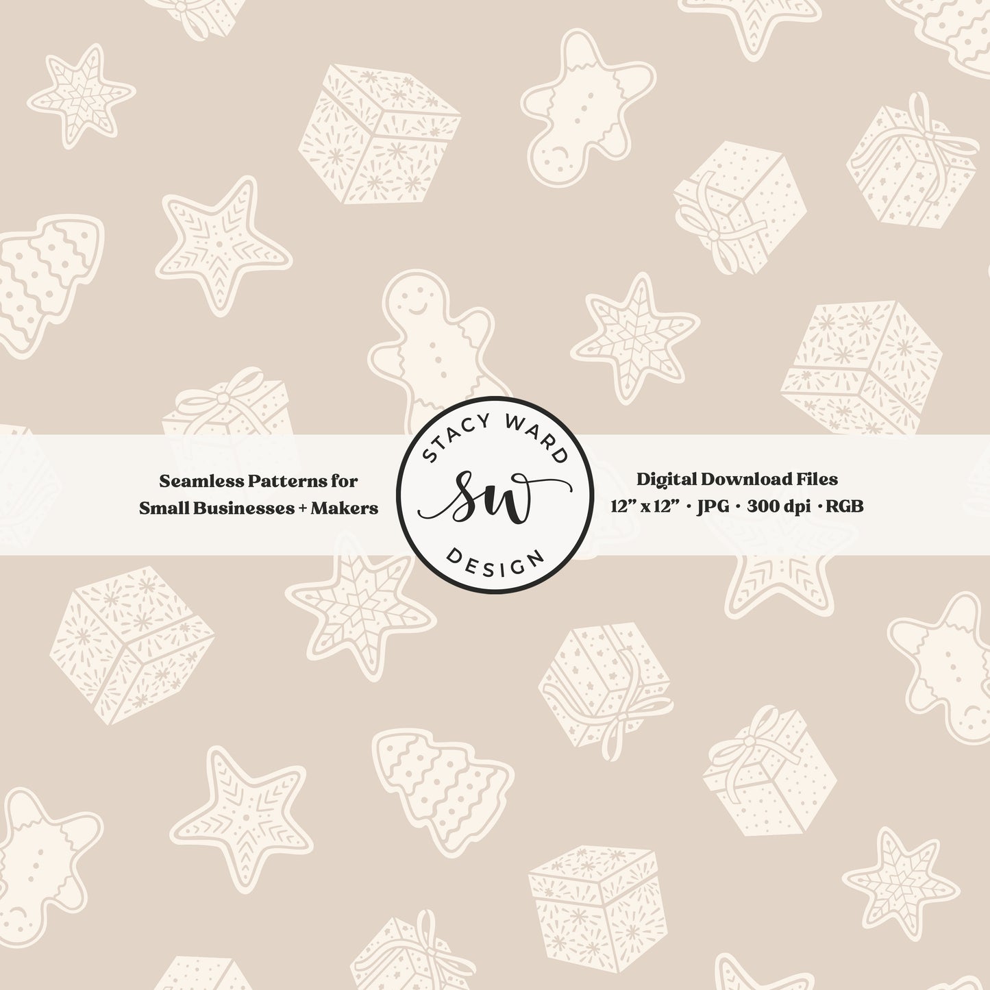 Scandi inspired holiday treasures seamless pattern in cream on soft brown with wrapped gifts and whimsical christmas cookies