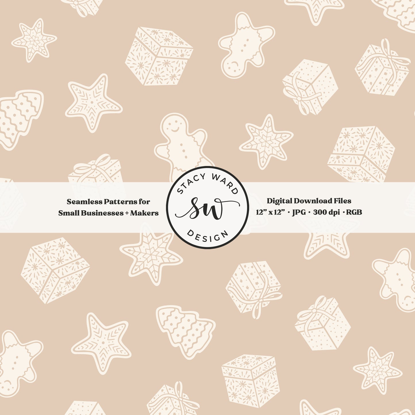 Scandi inspired holiday treasures seamless pattern in cream on neutral tan with wrapped gifts and whimsical christmas cookies