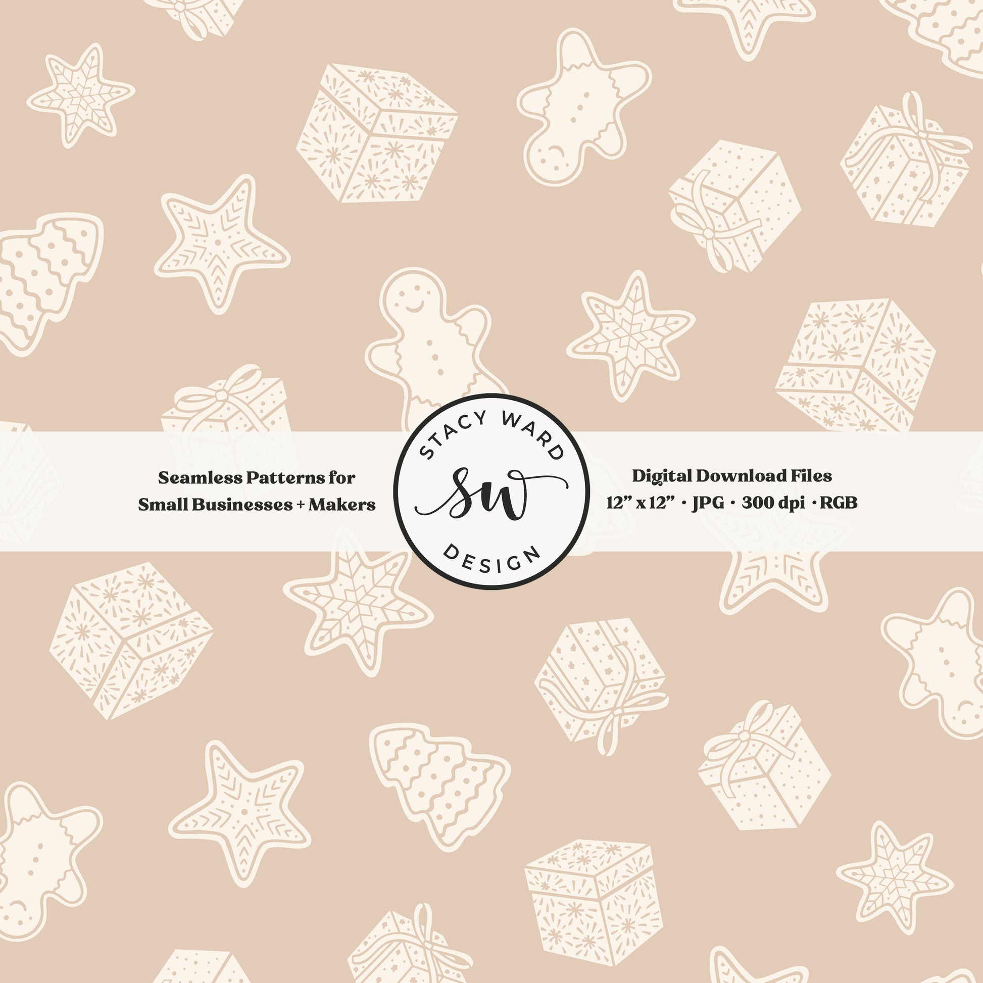Scandi inspired holiday treasures seamless pattern in cream on neutral tan with wrapped gifts and whimsical christmas cookies
