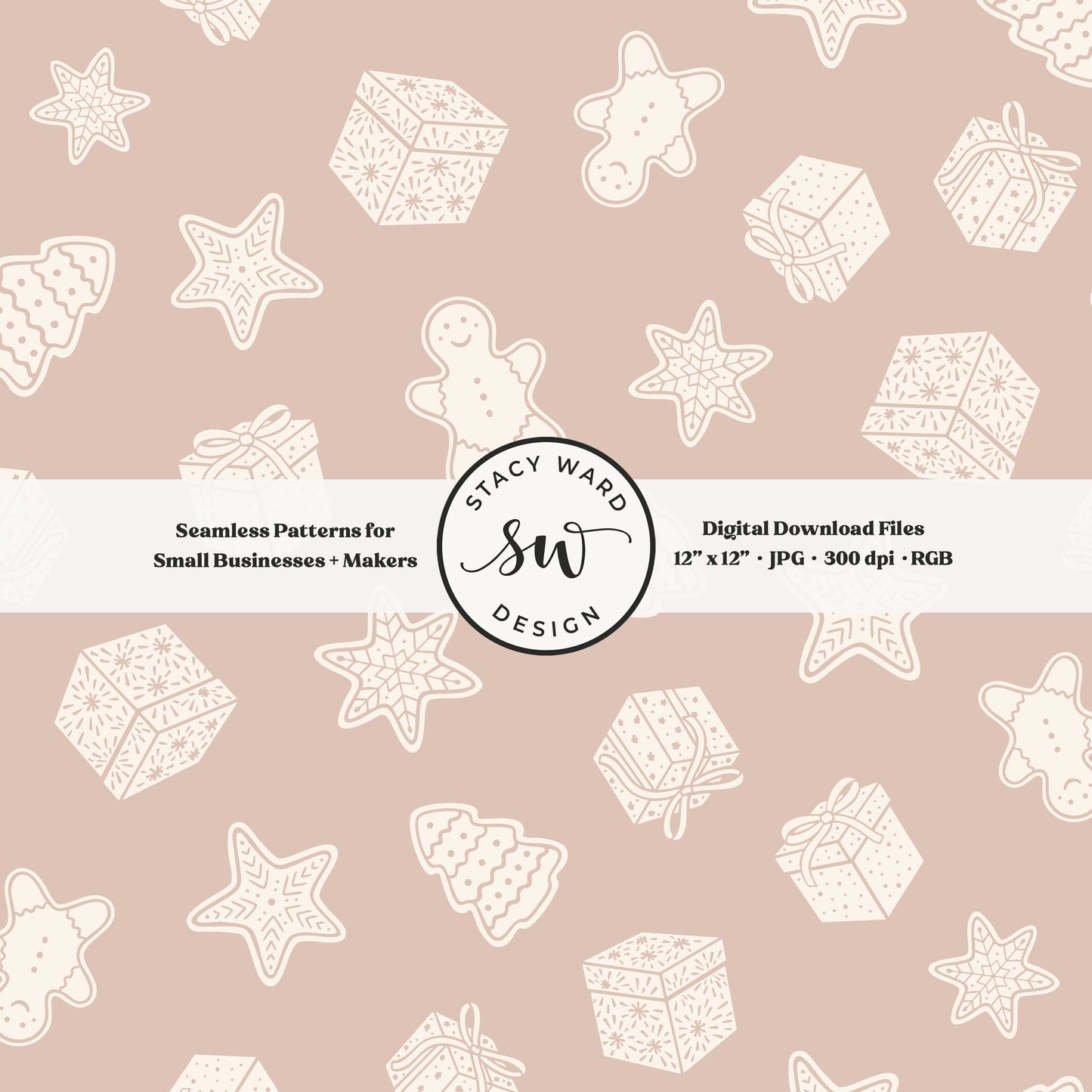 Scandi inspired holiday treasures seamless pattern in cream on muted dusty rose with wrapped gifts and whimsical christmas cookies