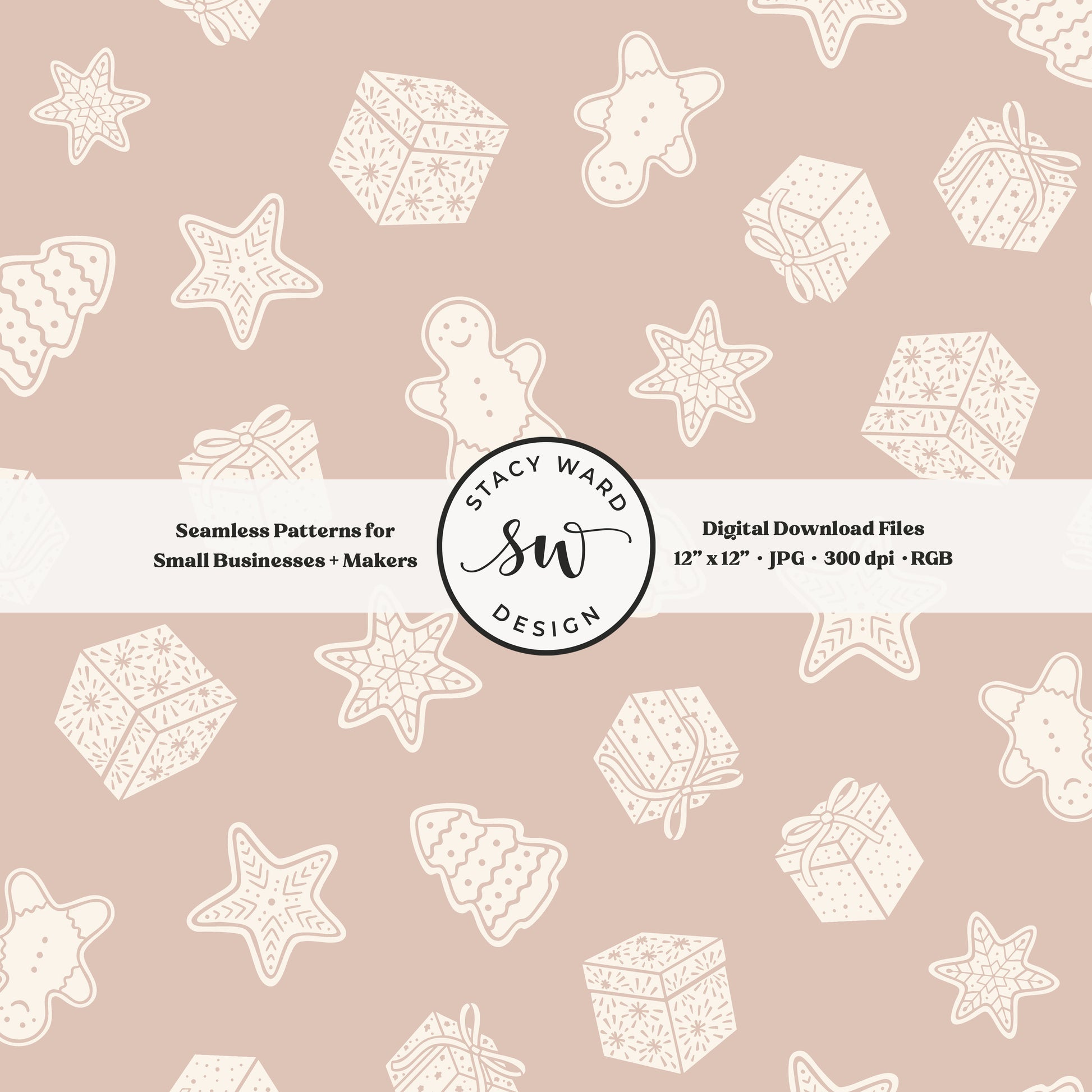 Scandi inspired holiday treasures seamless pattern in cream on muted dusty rose with wrapped gifts and whimsical christmas cookies