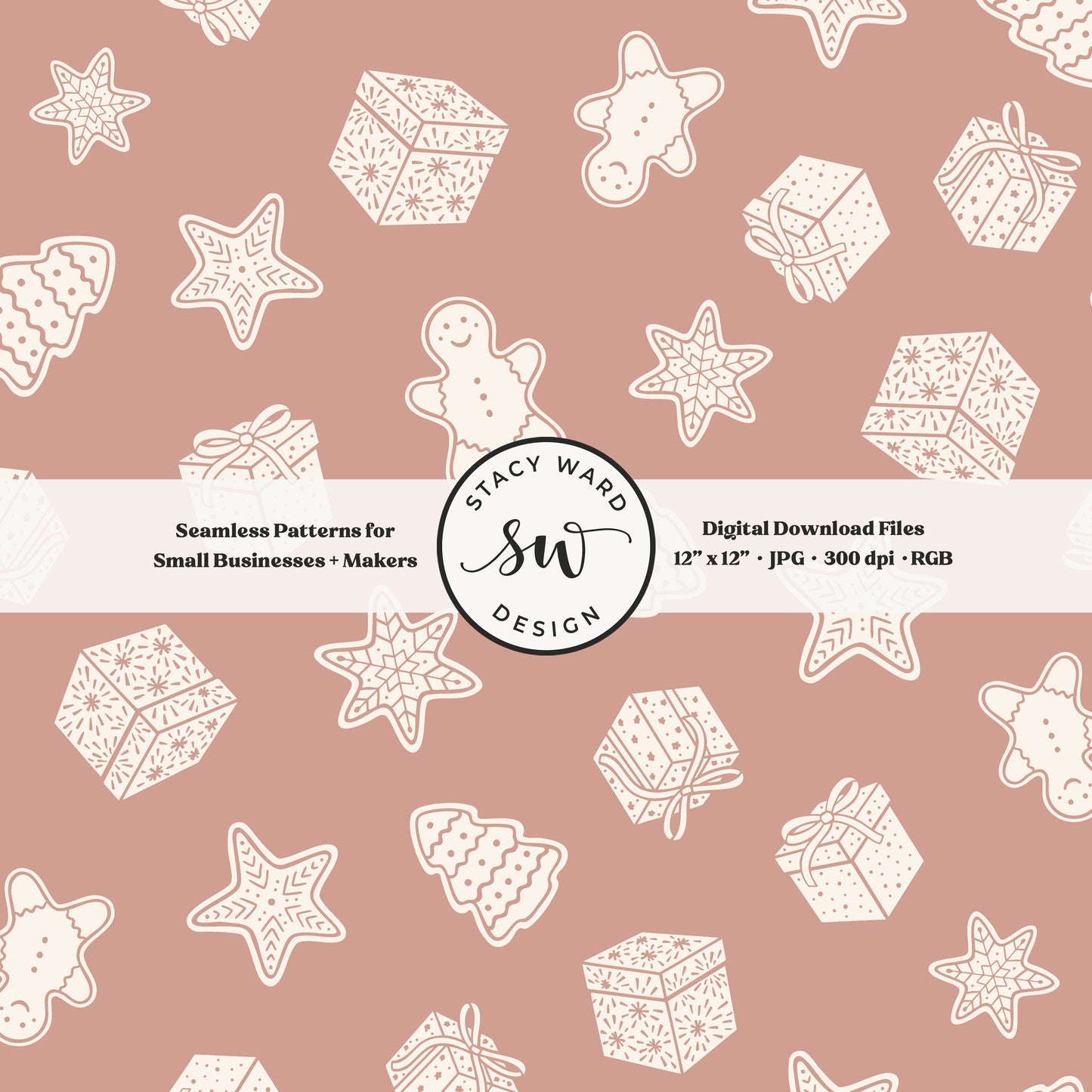Scandi inspired holiday treasures seamless pattern in cream on dusky pink with wrapped gifts and whimsical christmas cookies