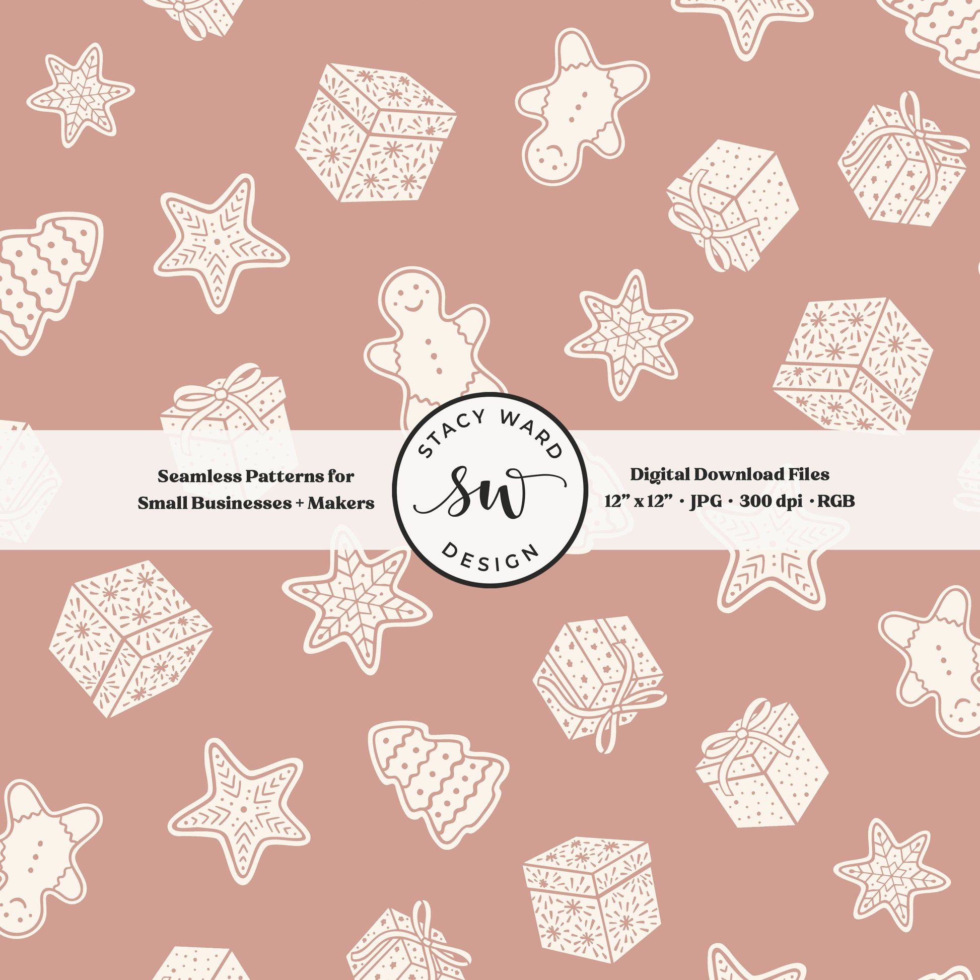 Scandi inspired holiday treasures seamless pattern in cream on dusky pink with wrapped gifts and whimsical christmas cookies