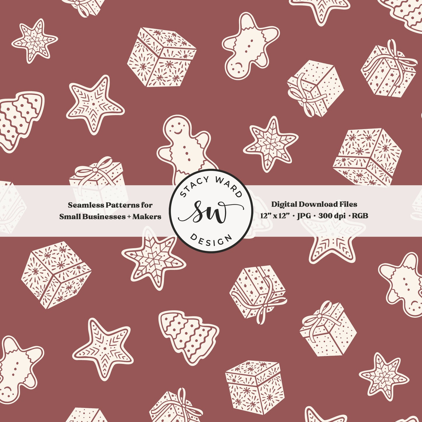 Scandi inspired holiday treasures seamless pattern in cream on burgundy with wrapped gifts and whimsical christmas cookies