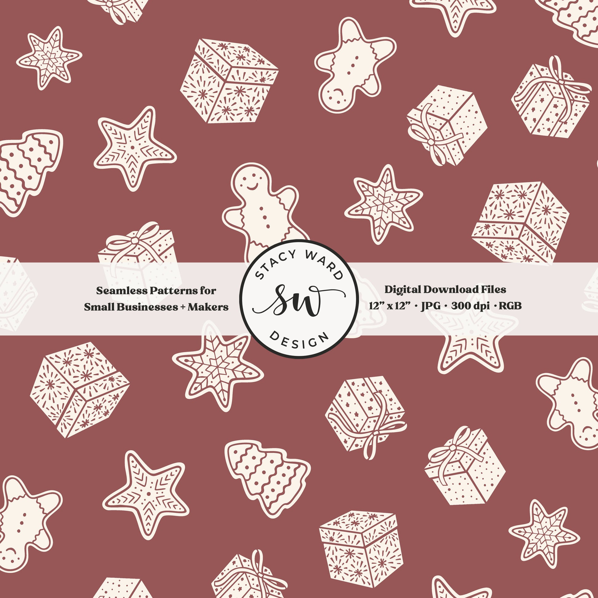Scandi inspired holiday treasures seamless pattern in cream on burgundy with wrapped gifts and whimsical christmas cookies