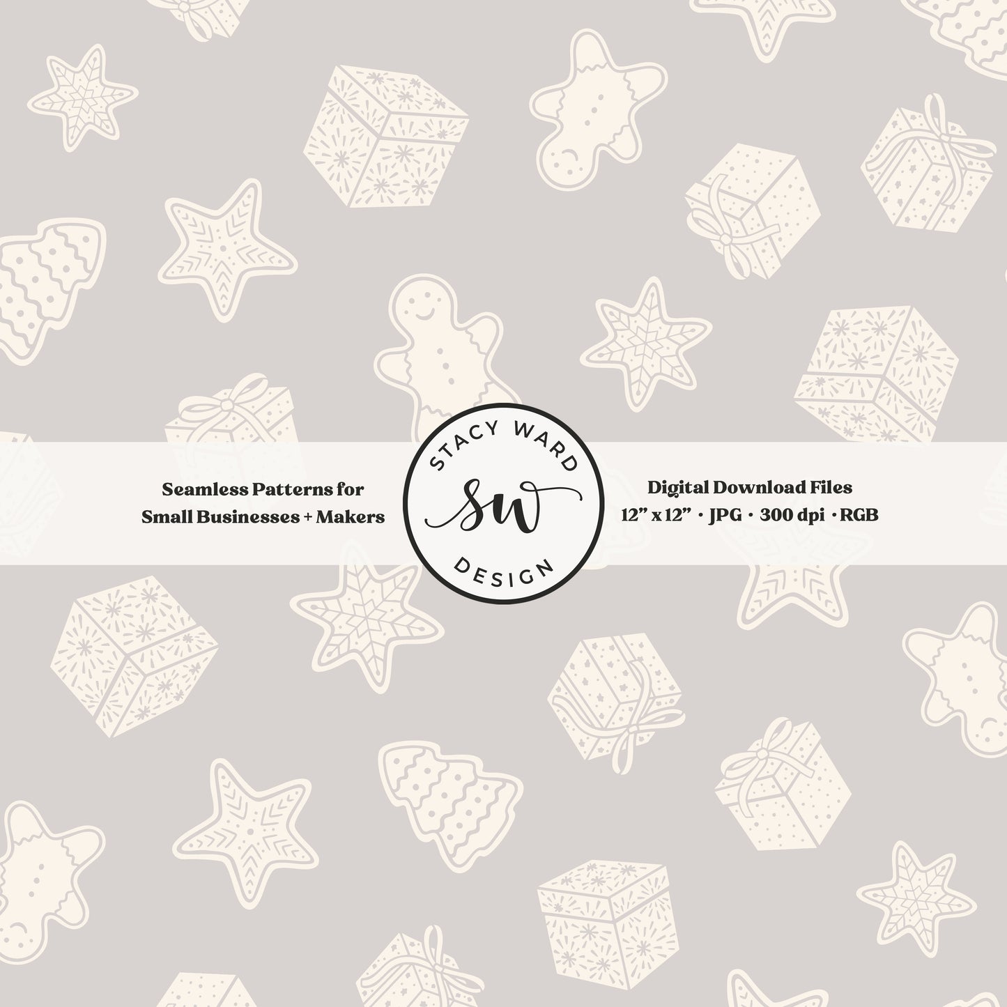 Scandi inspired holiday treasures seamless pattern in cream on soft gray with wrapped gifts and whimsical christmas cookies
