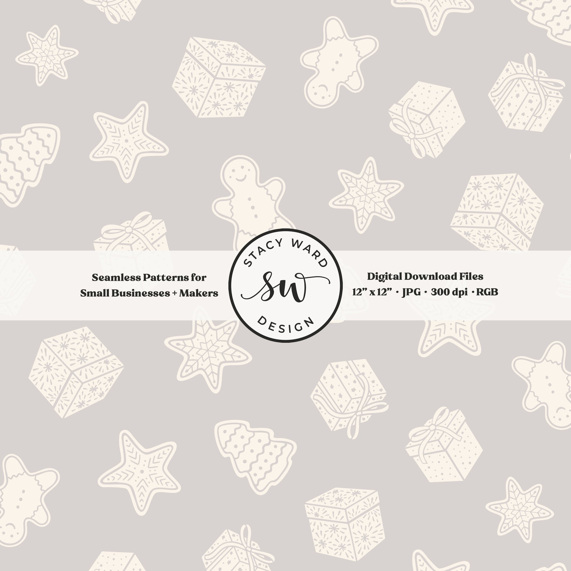 Scandi inspired holiday treasures seamless pattern in cream on soft gray with wrapped gifts and whimsical christmas cookies