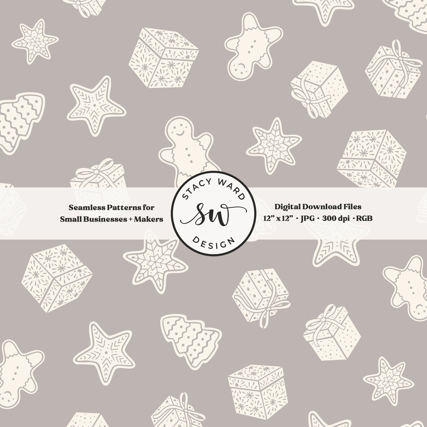 Scandi inspired holiday treasures seamless pattern in cream on muted taupe with wrapped gifts and whimsical christmas cookies