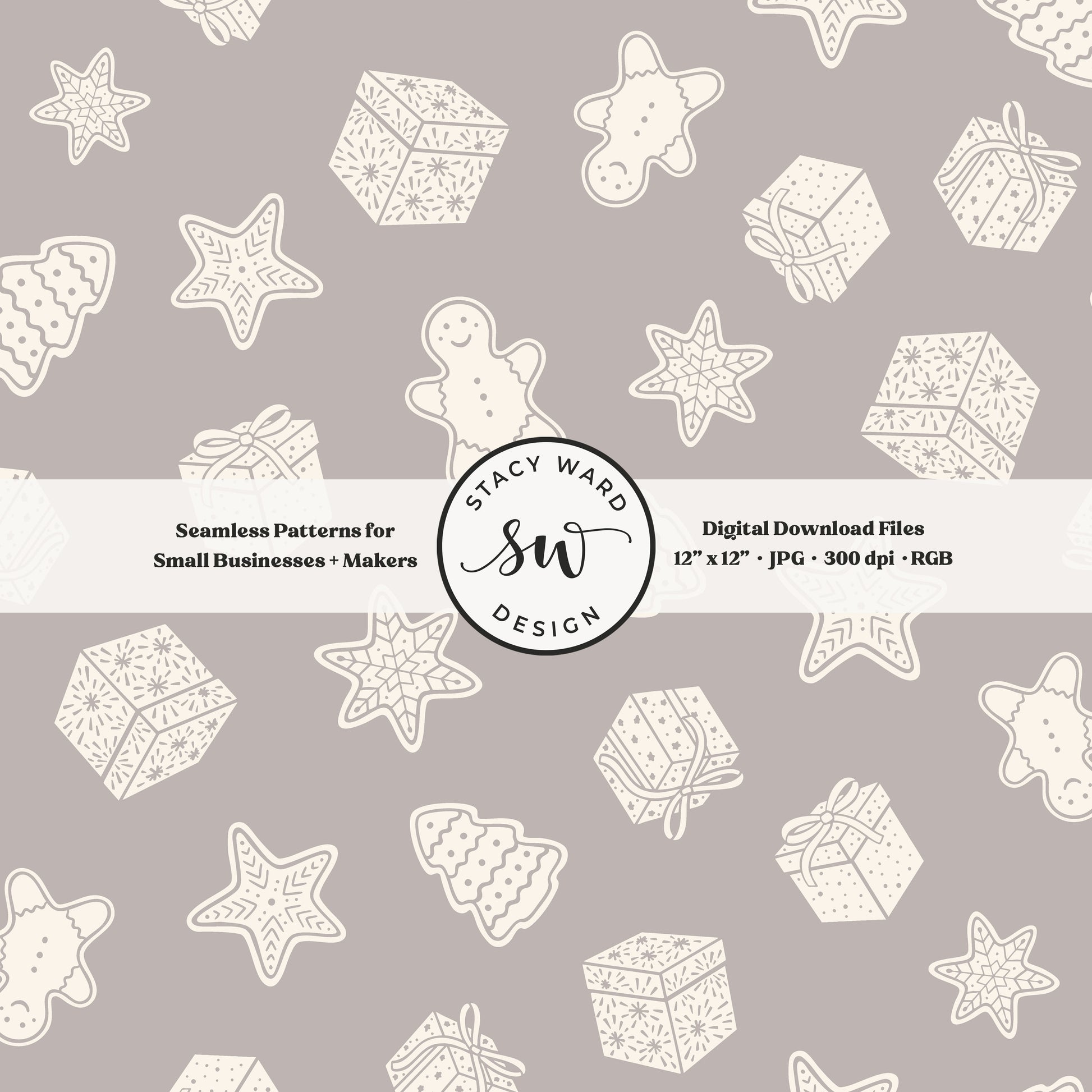 Scandi inspired holiday treasures seamless pattern in cream on muted taupe with wrapped gifts and whimsical christmas cookies