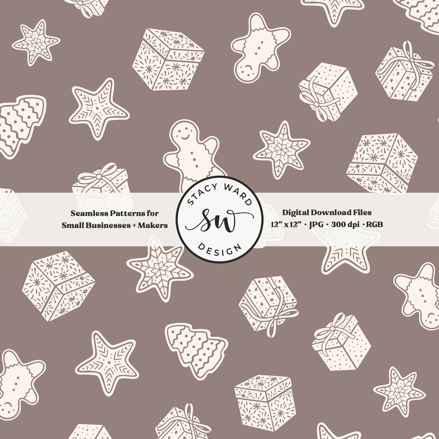 Scandi inspired holiday treasures seamless pattern in cream on taupe beige with wrapped gifts and whimsical christmas cookies