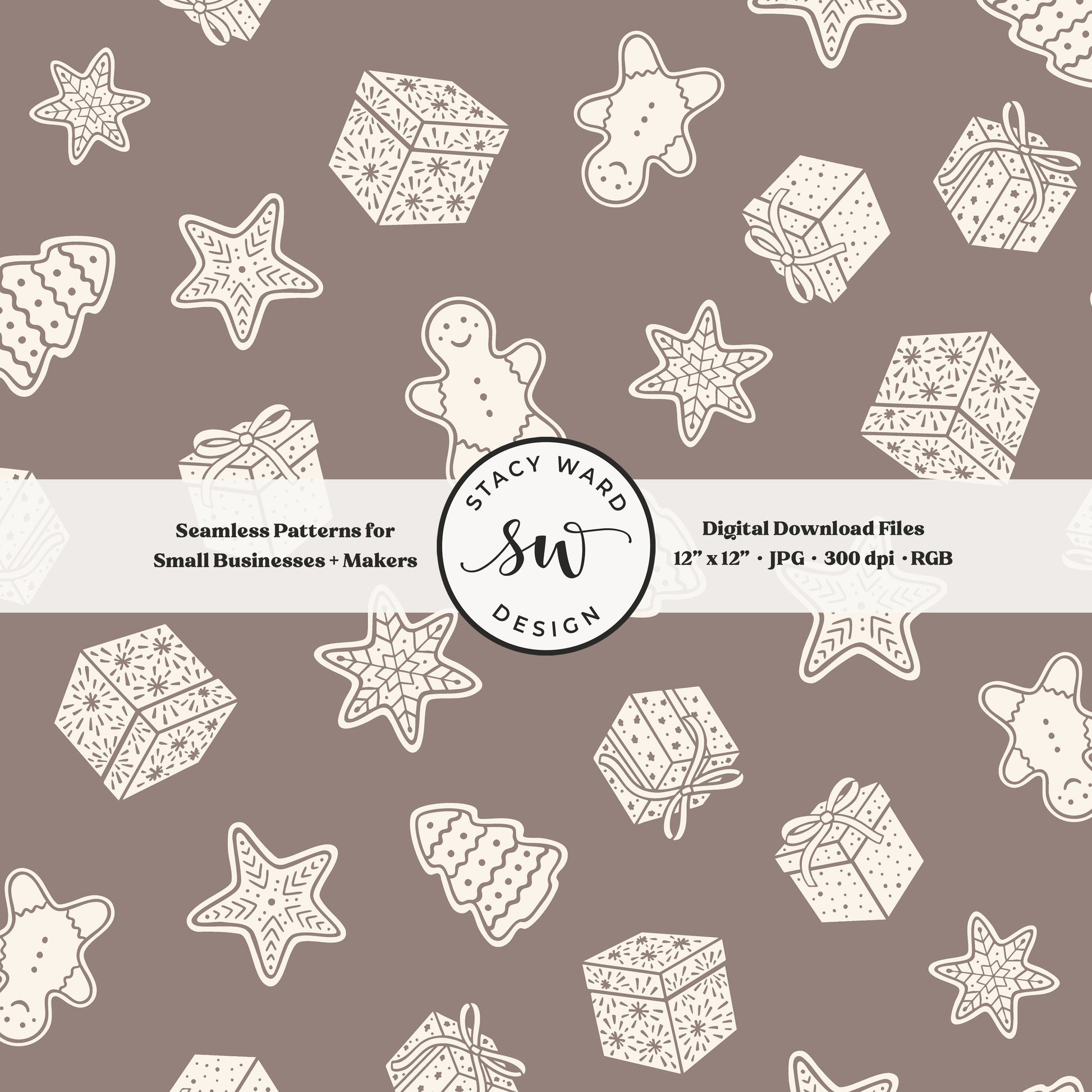 Scandi inspired holiday treasures seamless pattern in cream on taupe beige with wrapped gifts and whimsical christmas cookies