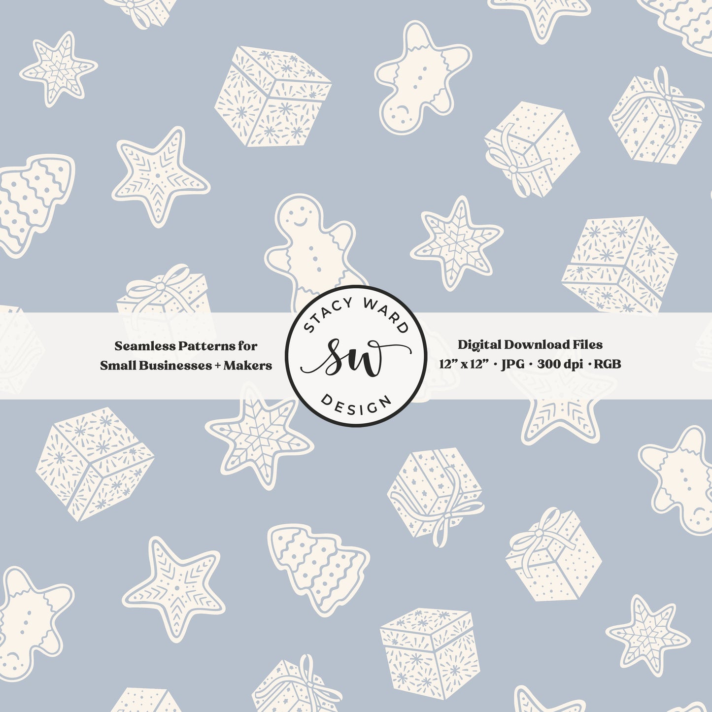 Scandi inspired holiday treasures seamless pattern in cream on pastel blue with wrapped gifts and whimsical christmas cookies