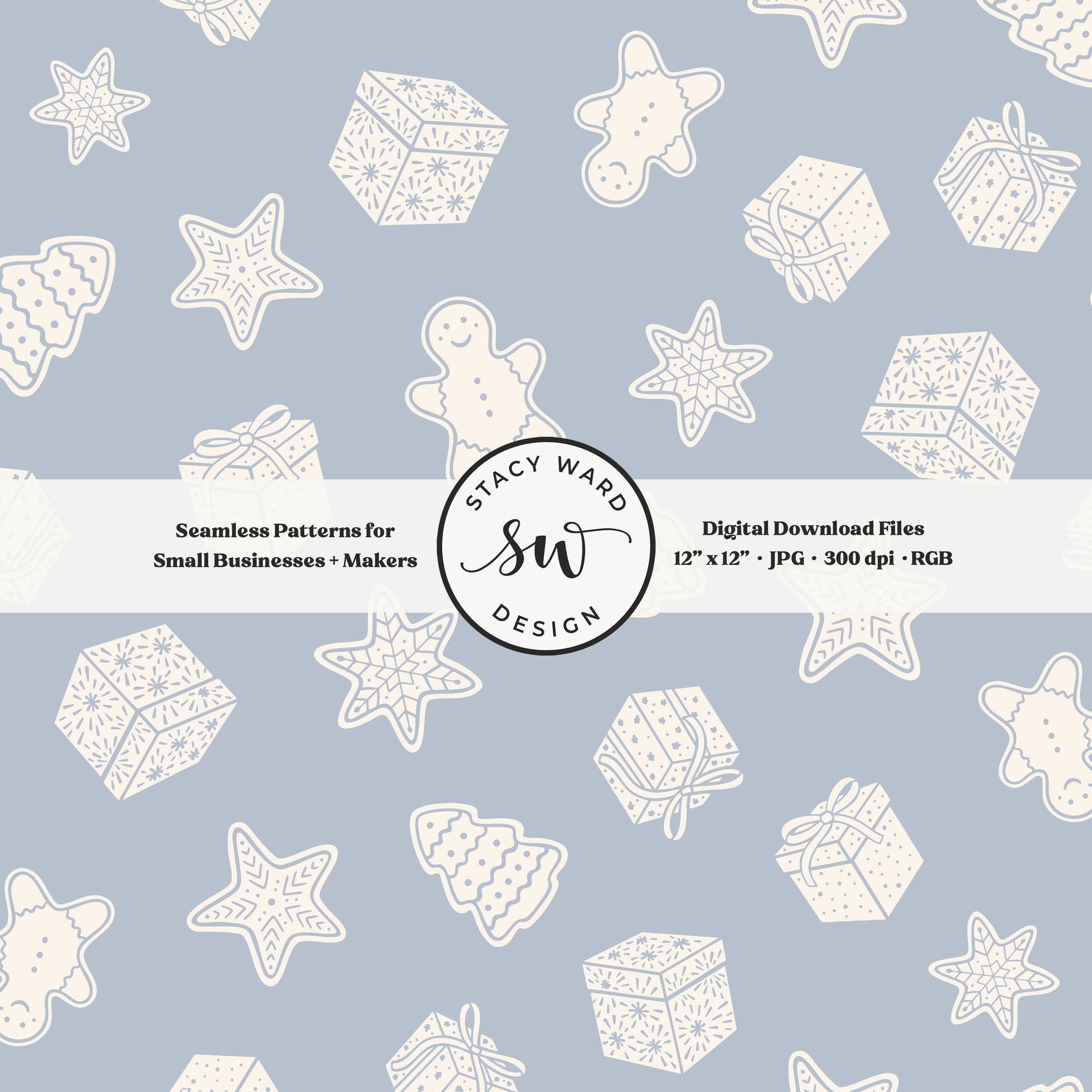 Scandi inspired holiday treasures seamless pattern in cream on pastel blue with wrapped gifts and whimsical christmas cookies