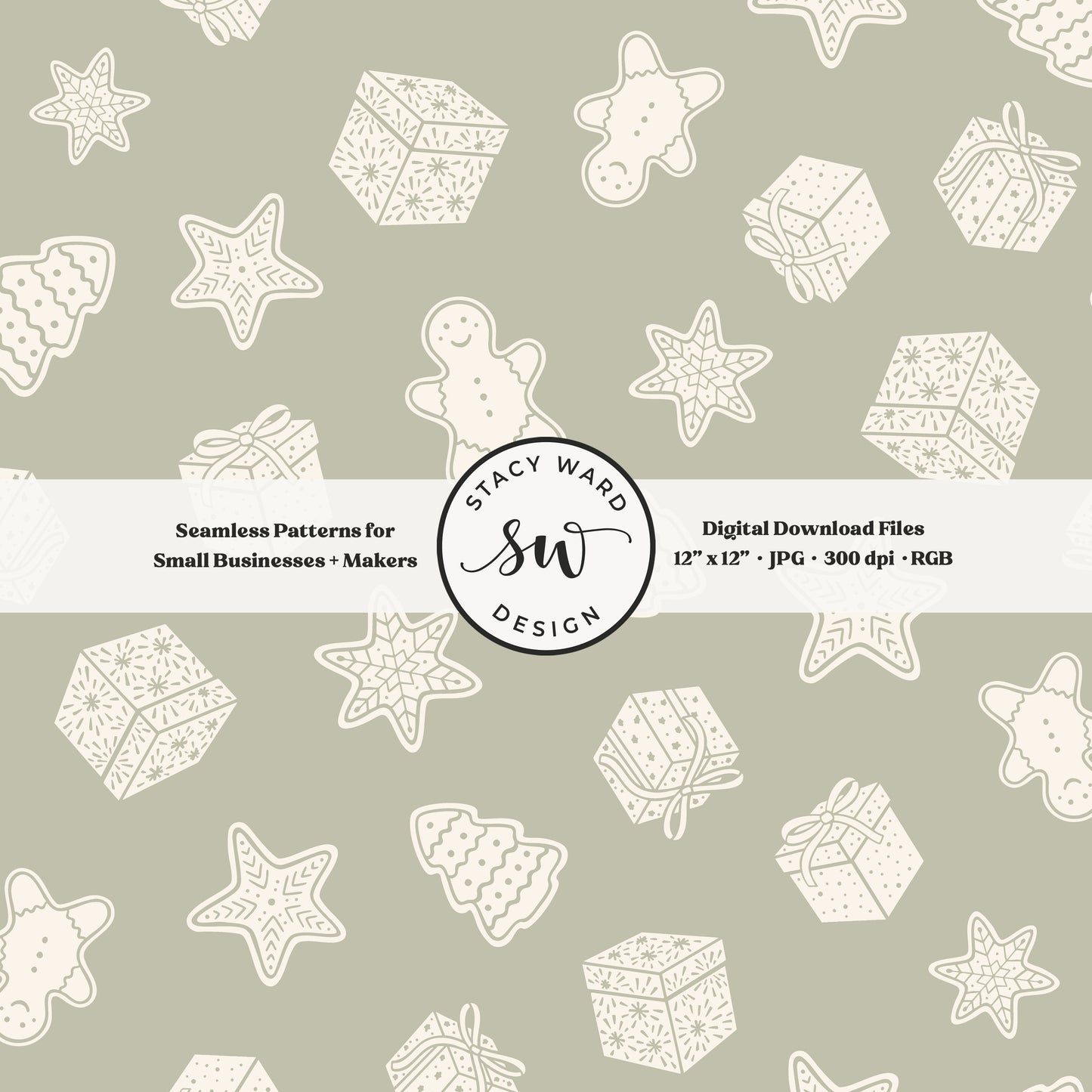 Scandi inspired holiday treasures seamless pattern in cream on sage green with wrapped gifts and whimsical christmas cookies
