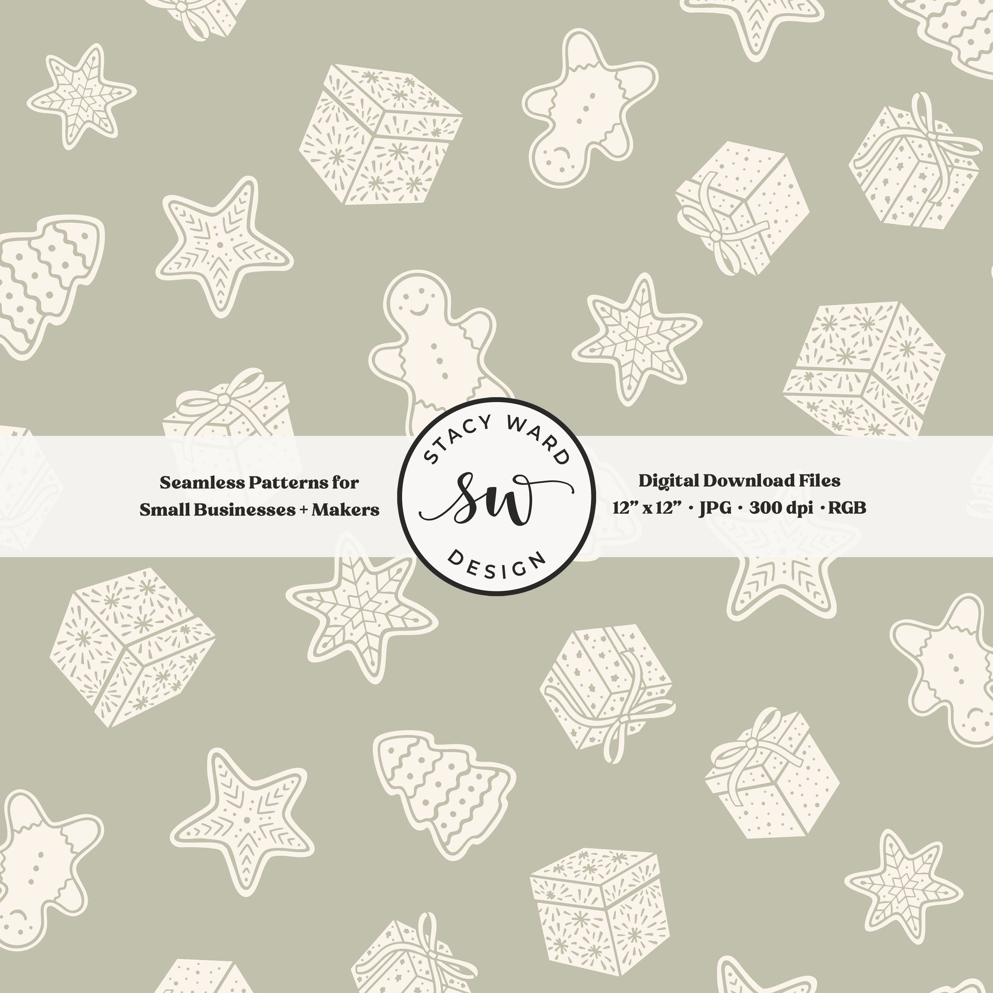 Scandi inspired holiday treasures seamless pattern in cream on sage green with wrapped gifts and whimsical christmas cookies