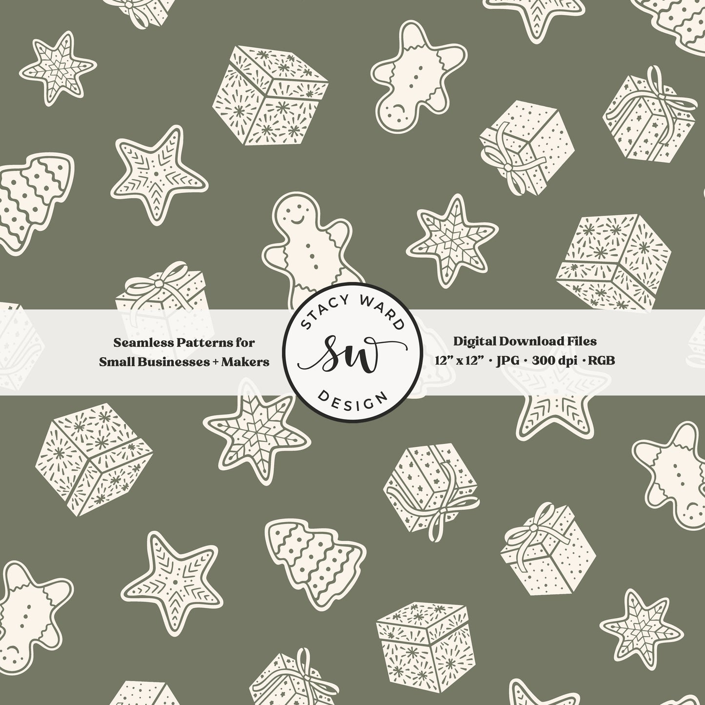 Scandi inspired holiday treasures seamless pattern in cream on camouflage green with wrapped gifts and whimsical christmas cookies