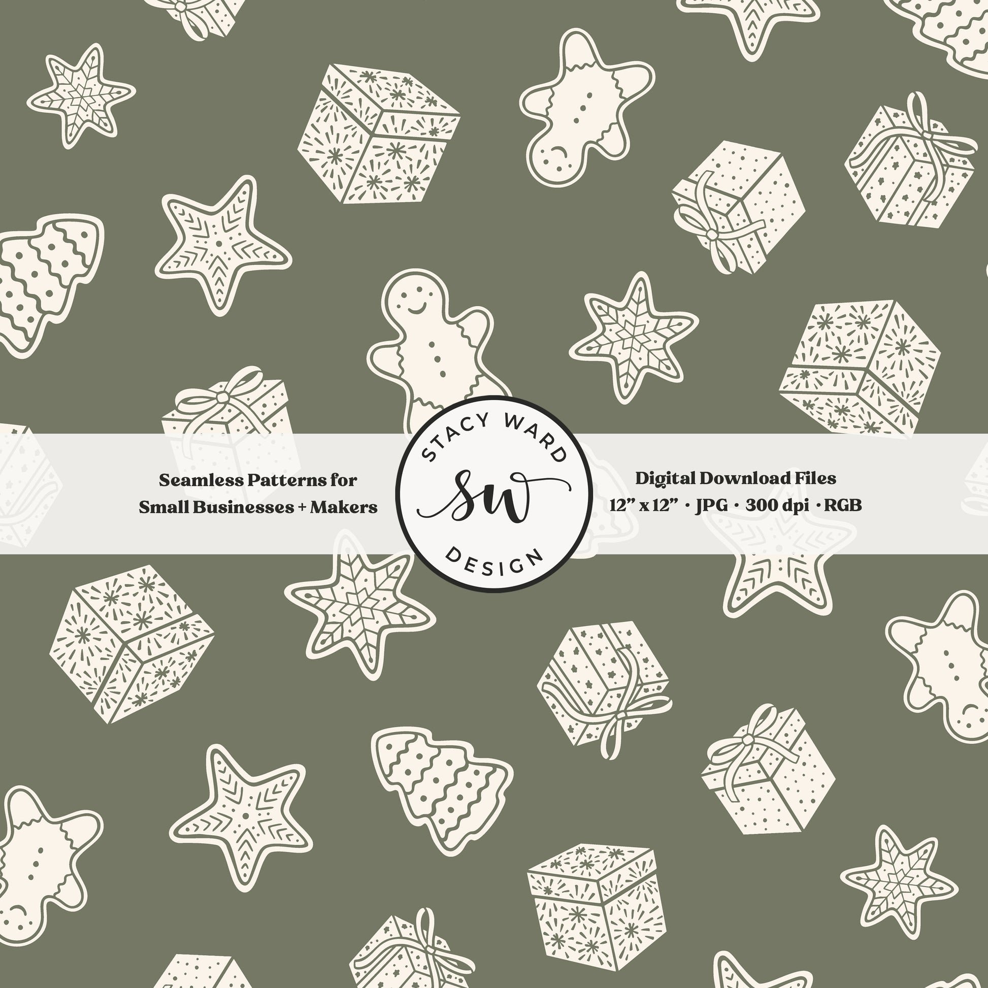 Scandi inspired holiday treasures seamless pattern in cream on camouflage green with wrapped gifts and whimsical christmas cookies