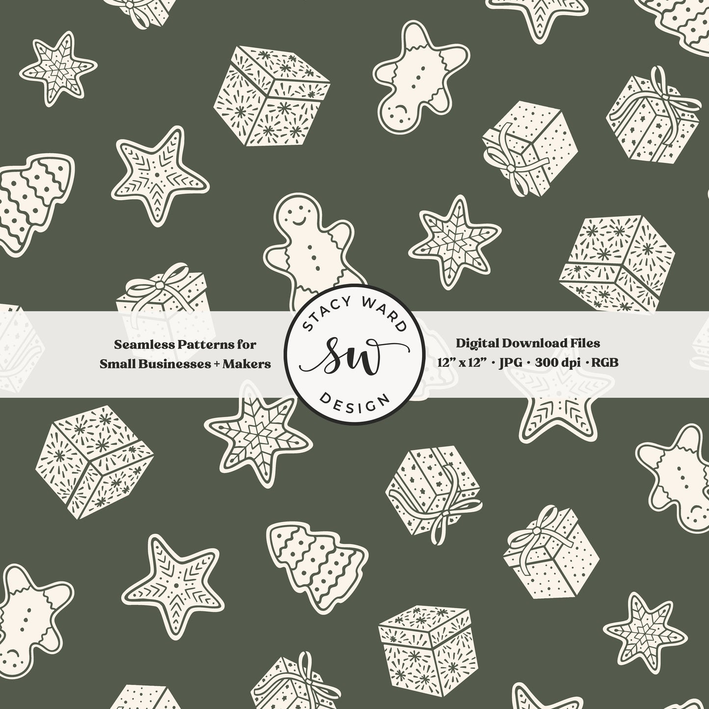 Scandi inspired holiday treasures seamless pattern in cream on dark green with wrapped gifts and whimsical christmas cookies
