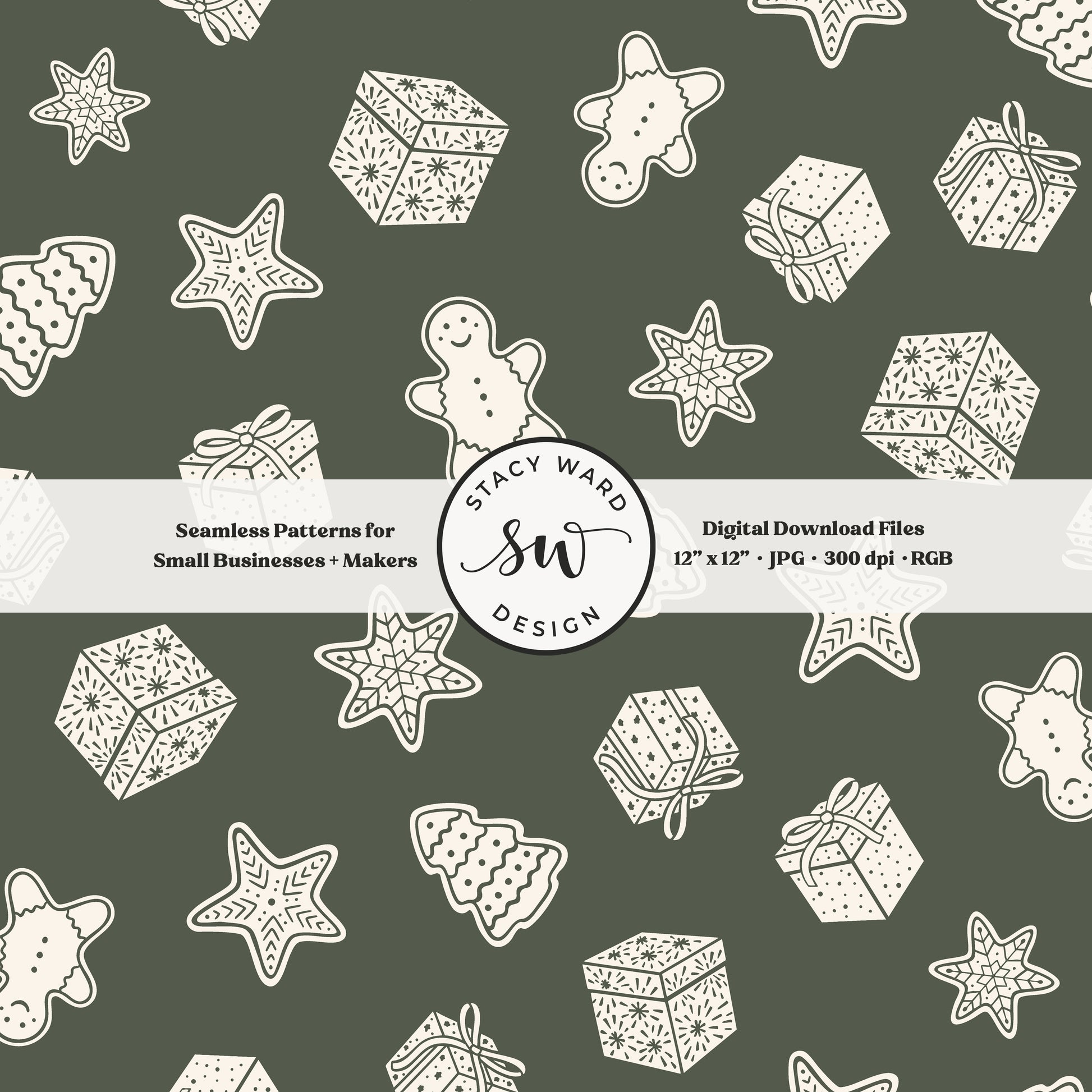 Scandi inspired holiday treasures seamless pattern in cream on dark green with wrapped gifts and whimsical christmas cookies