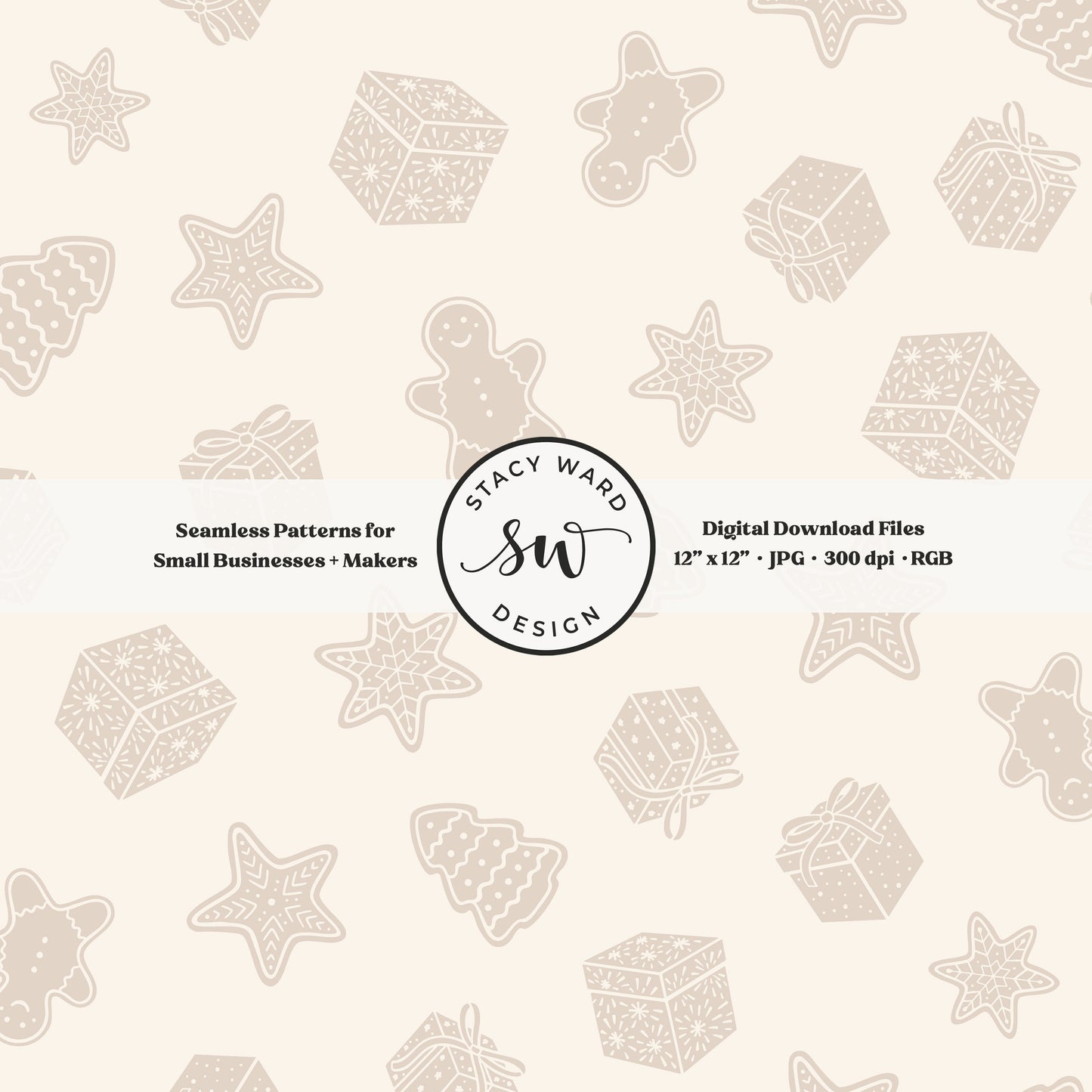 Nordic style holiday treasures seamless pattern in soft brown on cream with wrapped gifts and whimsical christmas cookies