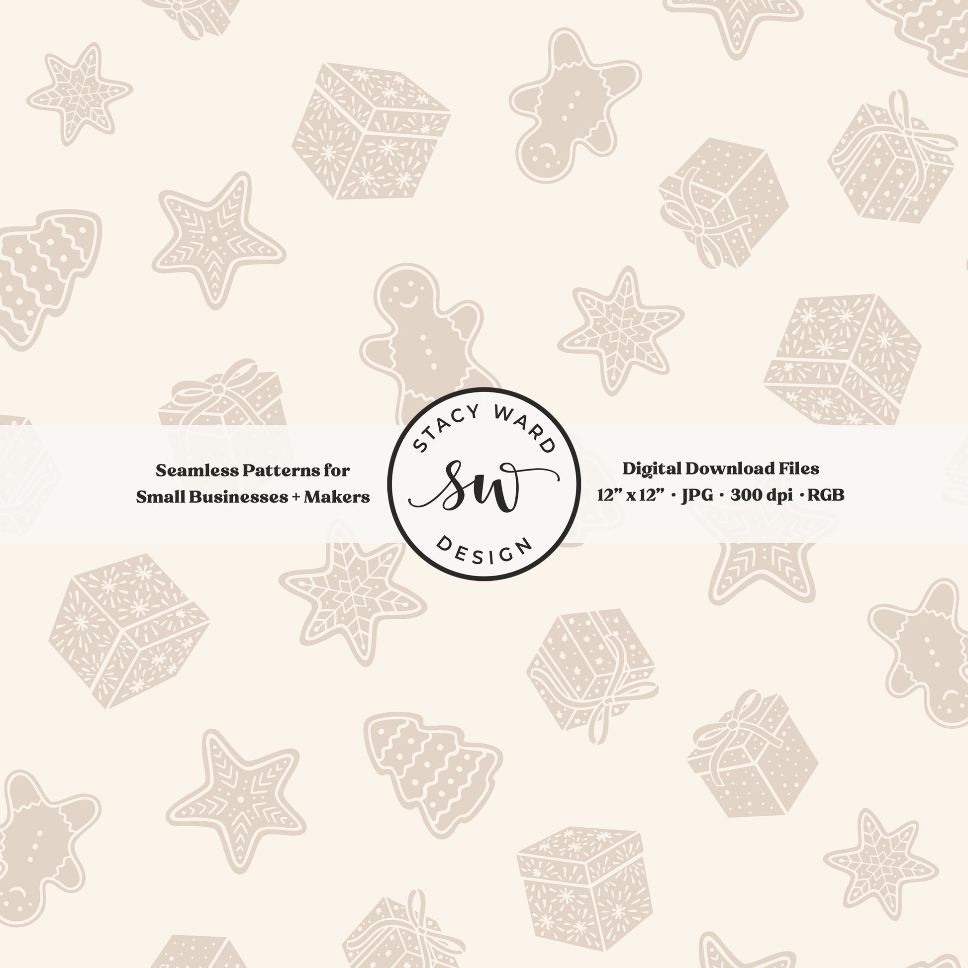 Nordic style holiday treasures seamless pattern in soft brown on cream with wrapped gifts and whimsical christmas cookies