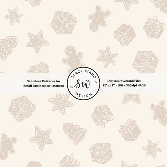 Nordic style holiday treasures seamless pattern in soft brown on cream with wrapped gifts and whimsical christmas cookies